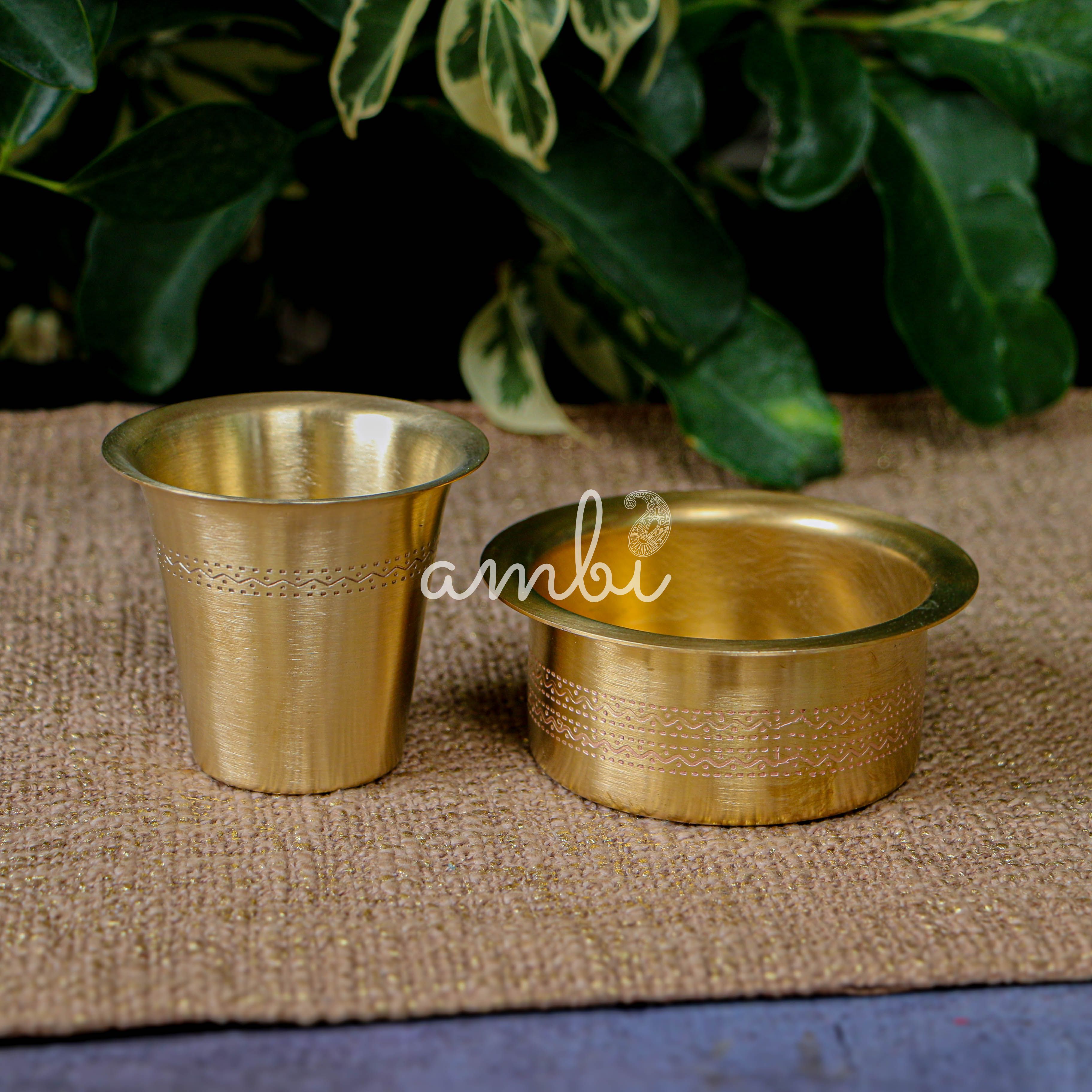Elegant Pure Brass Coffee Dabara Cup Set - Finely Etched - Matt Finish - 120 ML - Heavy Grade