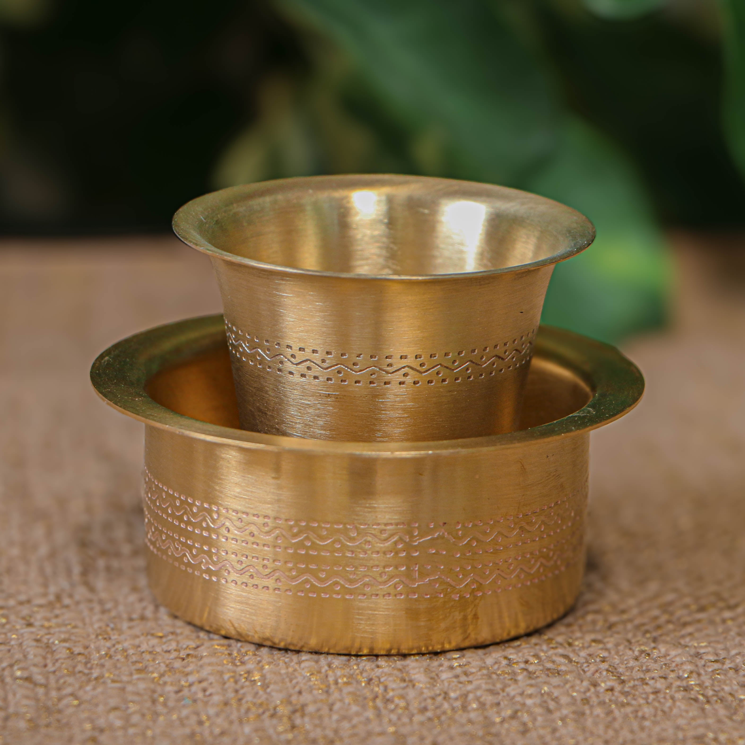 Elegant Pure Brass Coffee Dabara Cup Set - Finely Etched - Matt Finish - 120 ML - Heavy Grade