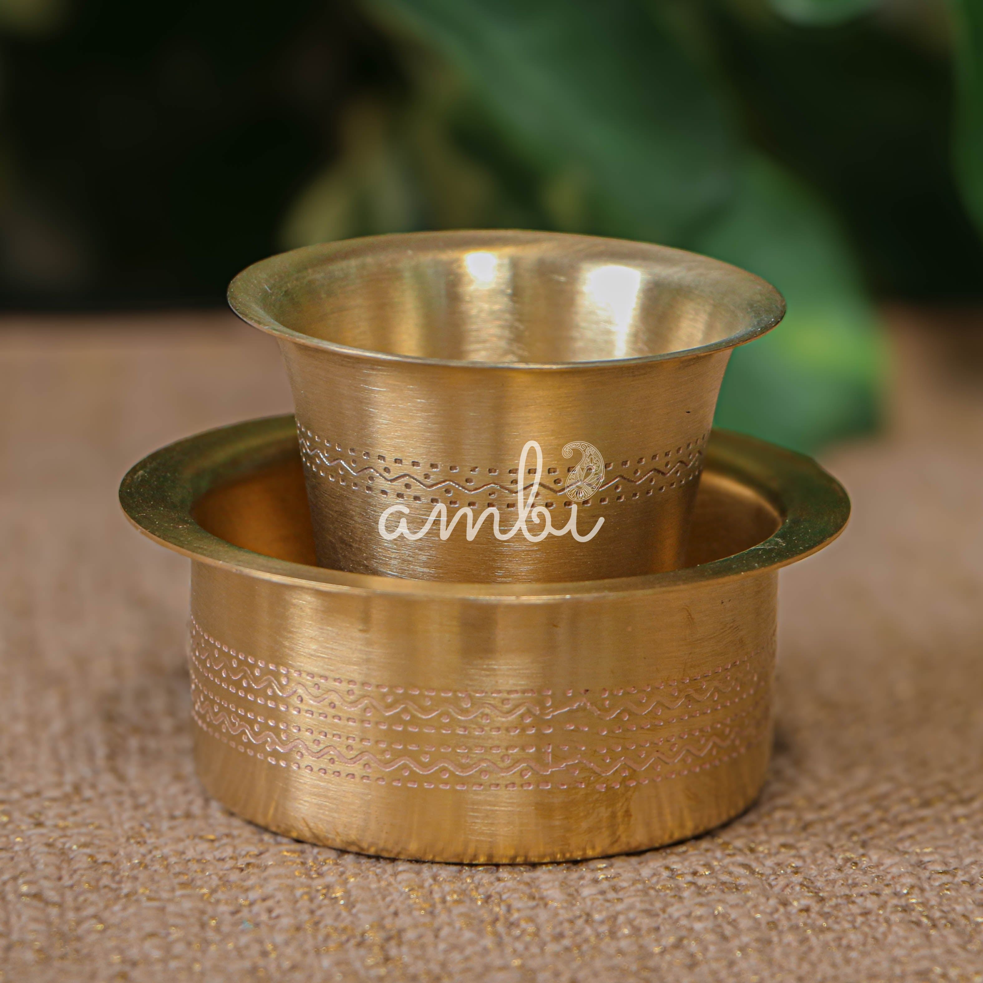 Elegant Pure Brass Coffee Dabara Cup Set - Finely Etched - Matt Finish - 120 ML - Heavy Grade