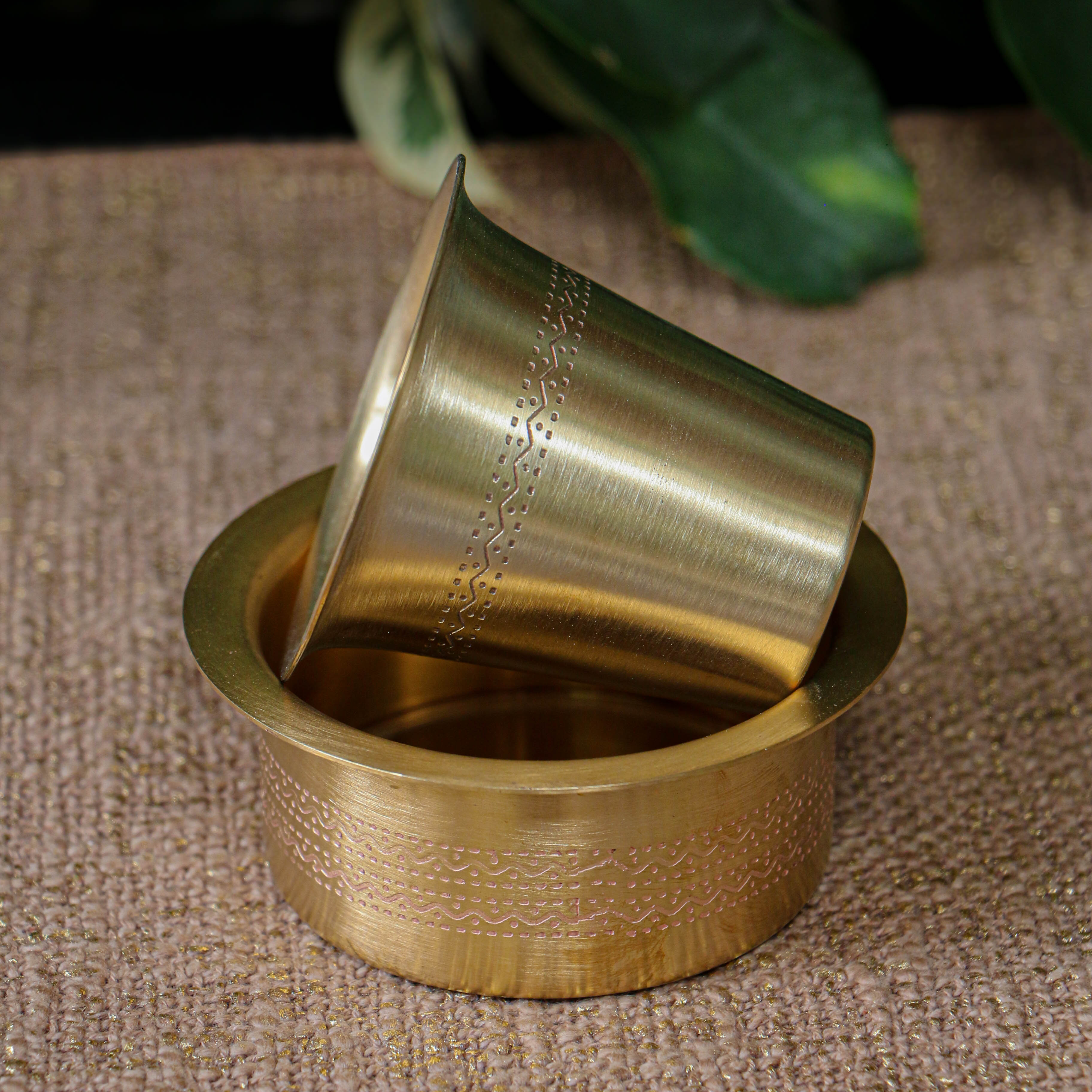 Elegant Pure Brass Coffee Dabara Cup Set - Finely Etched - Matt Finish - 120 ML - Heavy Grade