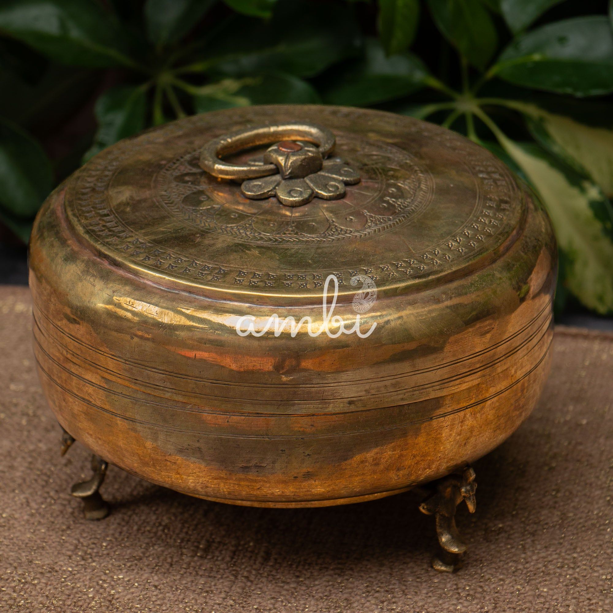 Ambi Pure Brass Rare True Vintage Roti Box on Legs - Large 10 inches Diameter