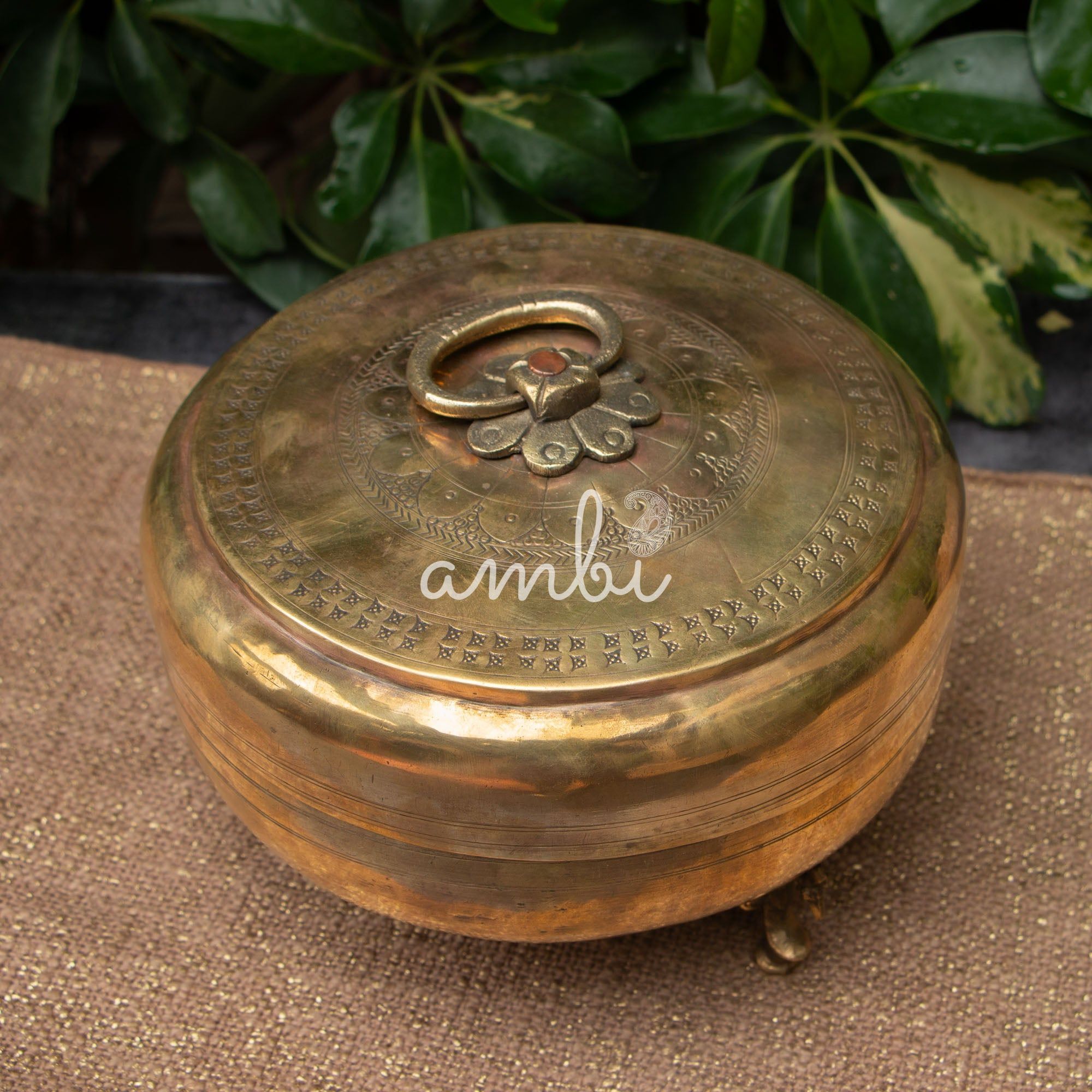 Ambi Pure Brass Rare True Vintage Roti Box on Legs - Large 10 inches Diameter