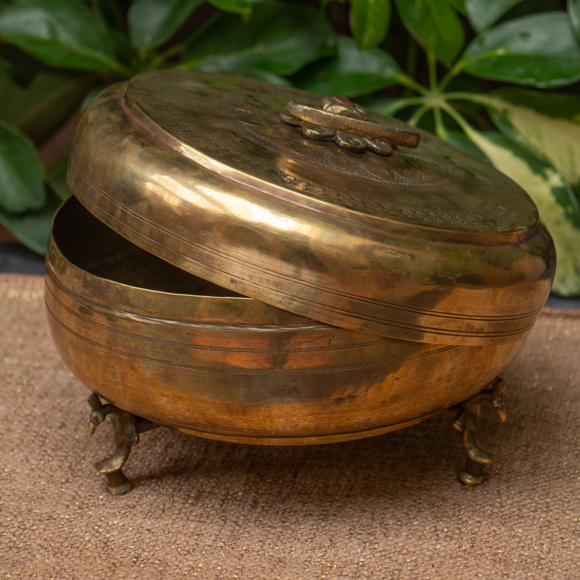 Ambi Pure Brass Rare True Vintage Roti Box on Legs - Large 10 inches Diameter