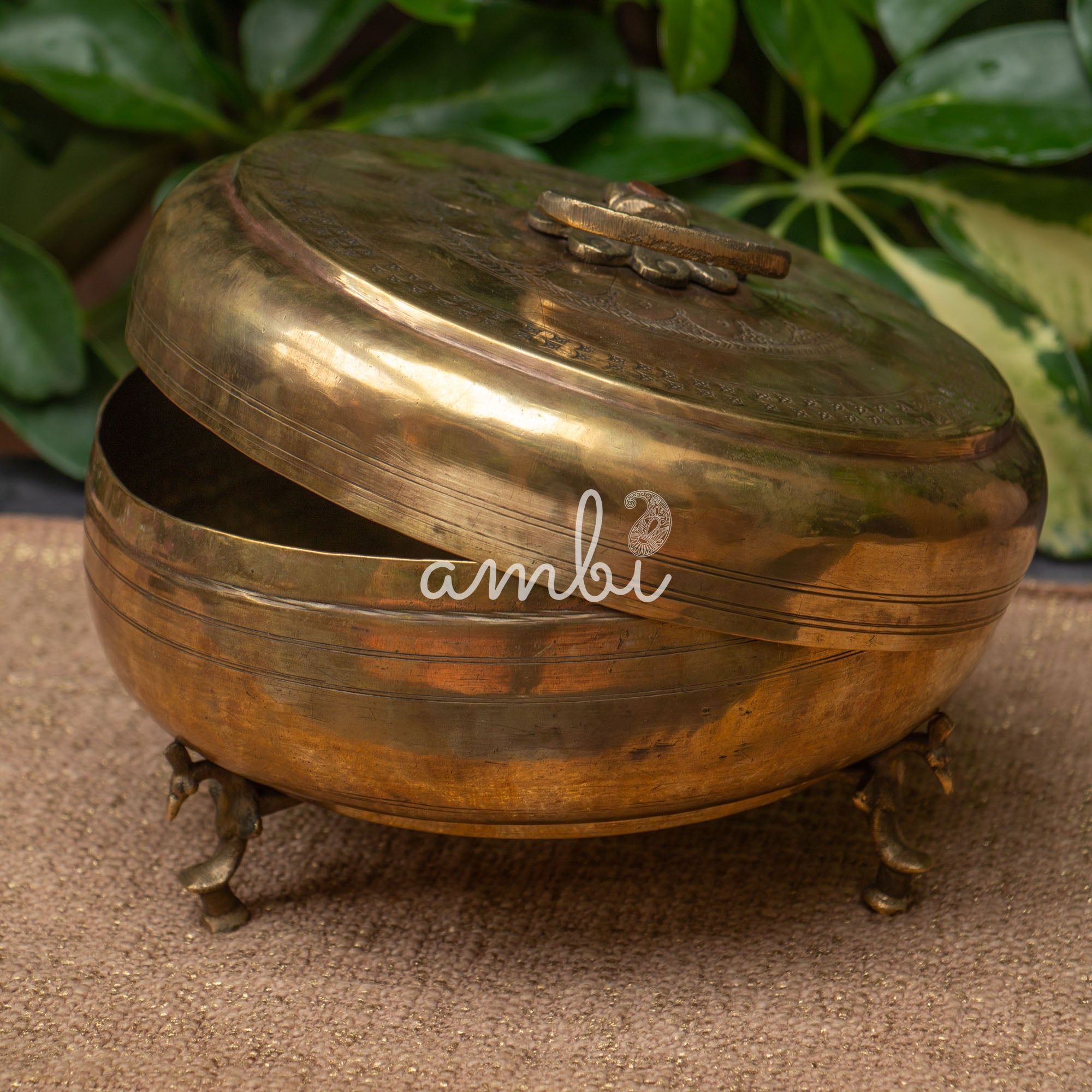 Ambi Pure Brass Rare True Vintage Roti Box on Legs - Large 10 inches Diameter