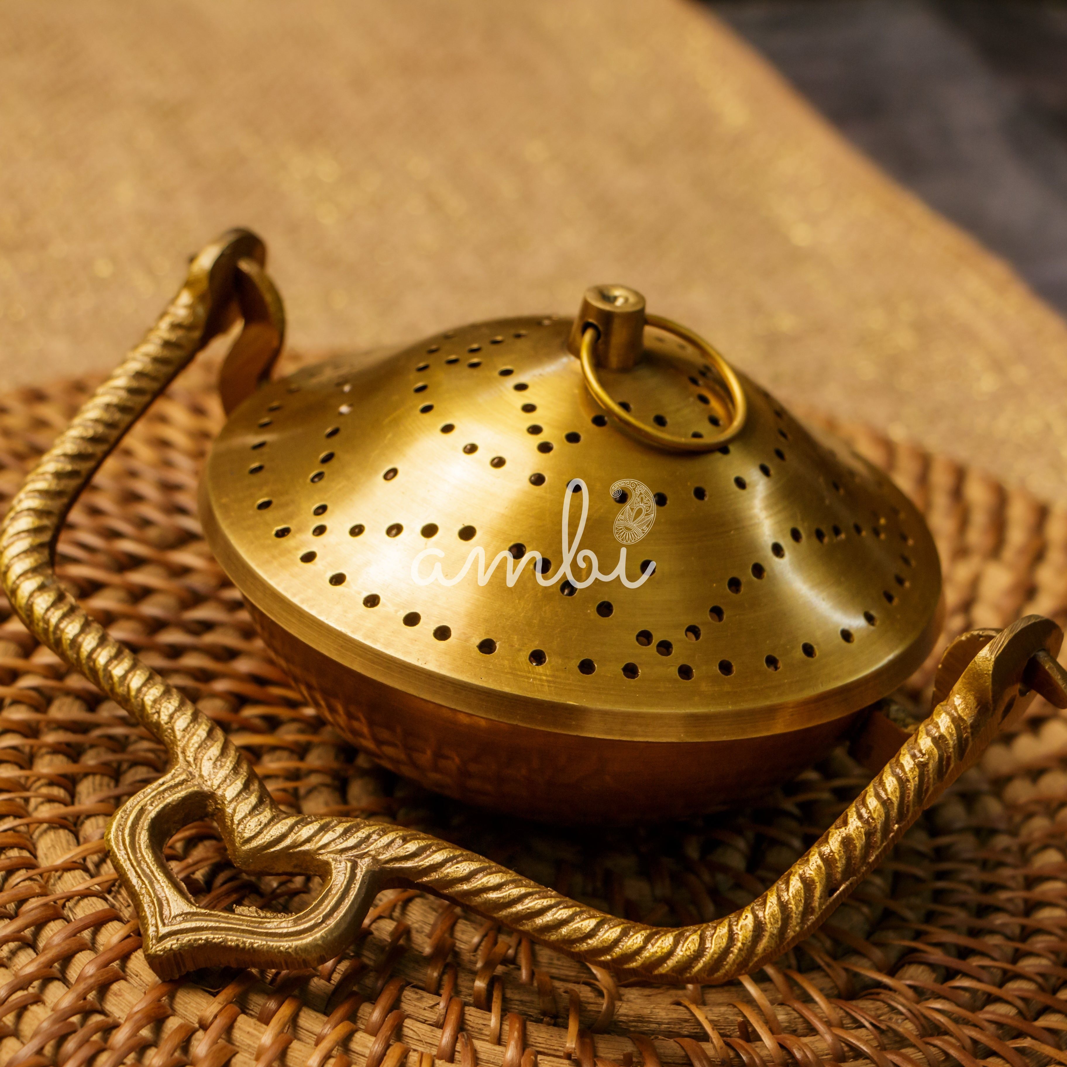 Ambi Pure Brass Dhuni Loban Sambrani Incense Burner Round with Handle