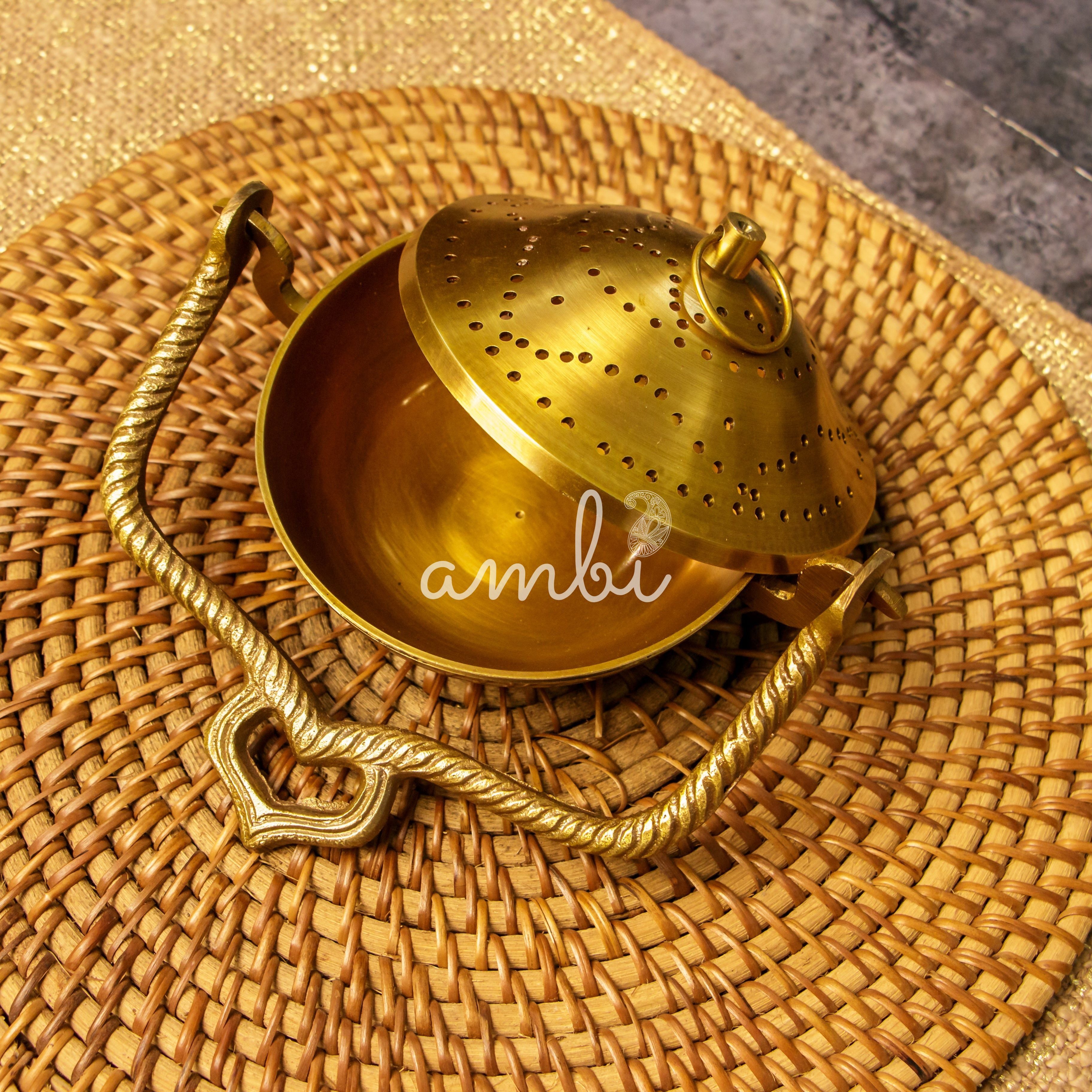 Ambi Pure Brass Dhuni Loban Sambrani Incense Burner Round with Handle