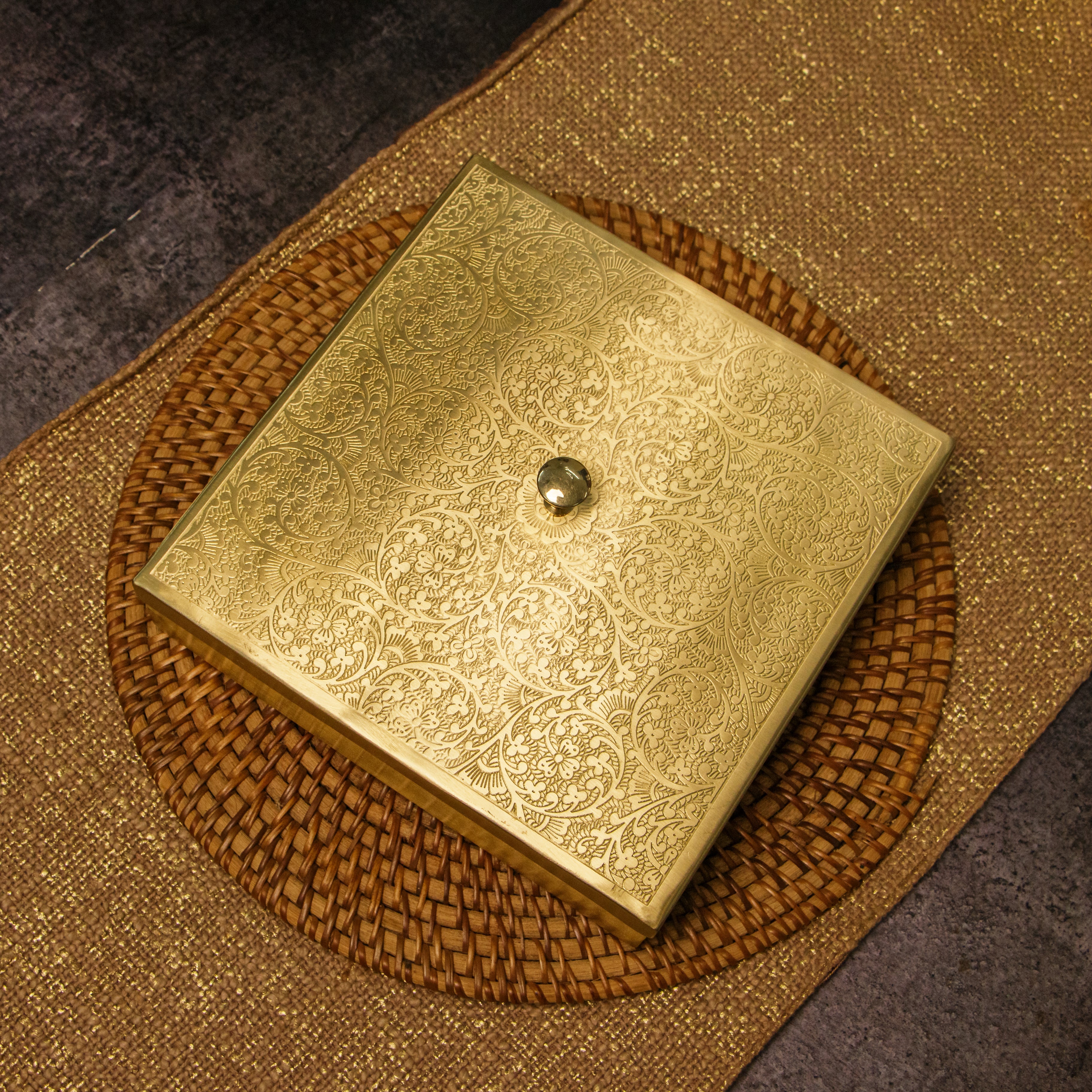 Ambi Pure Brass Finely Etched 9 Container Square Spice Box