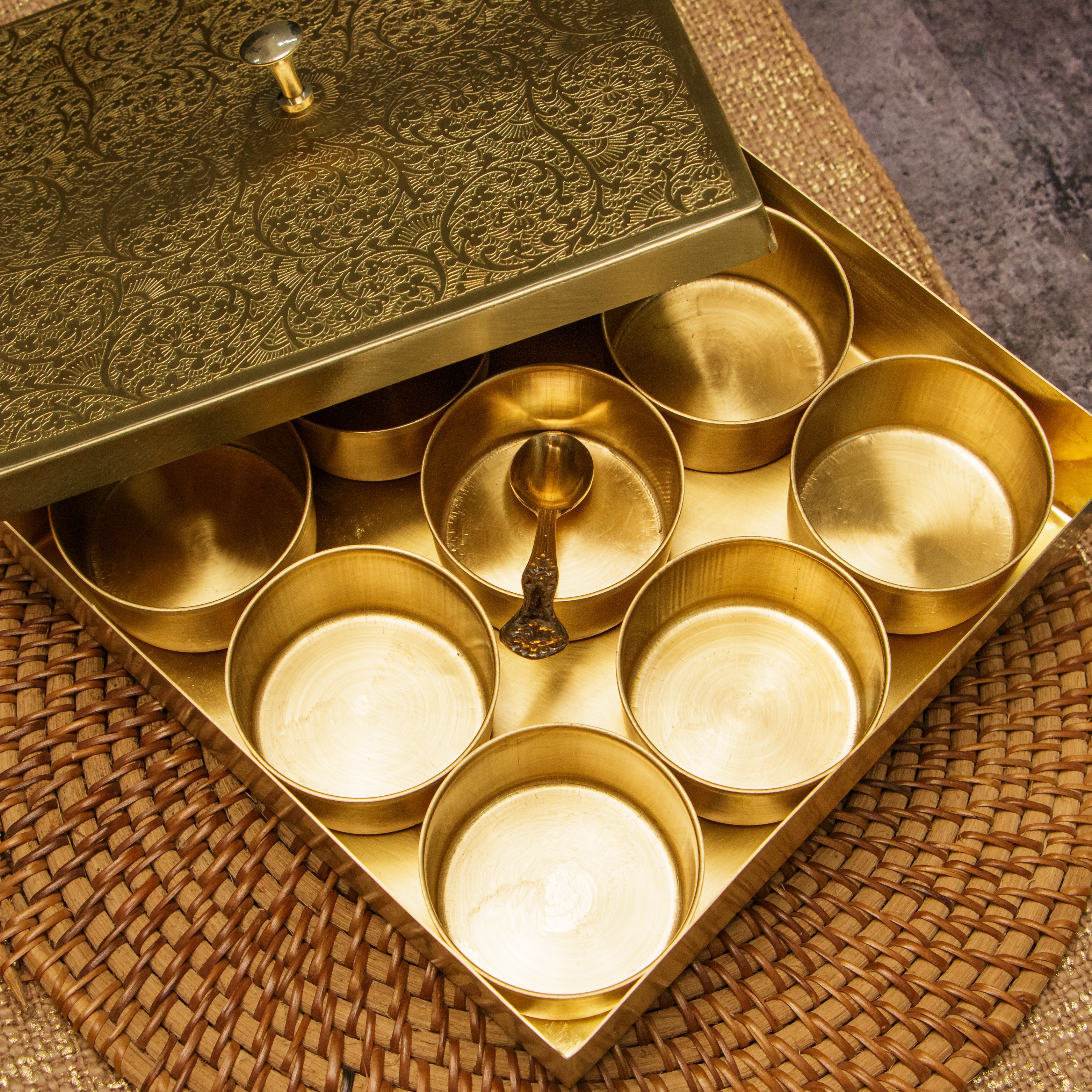 Ambi Pure Brass Finely Etched 9 Container Square Spice Box