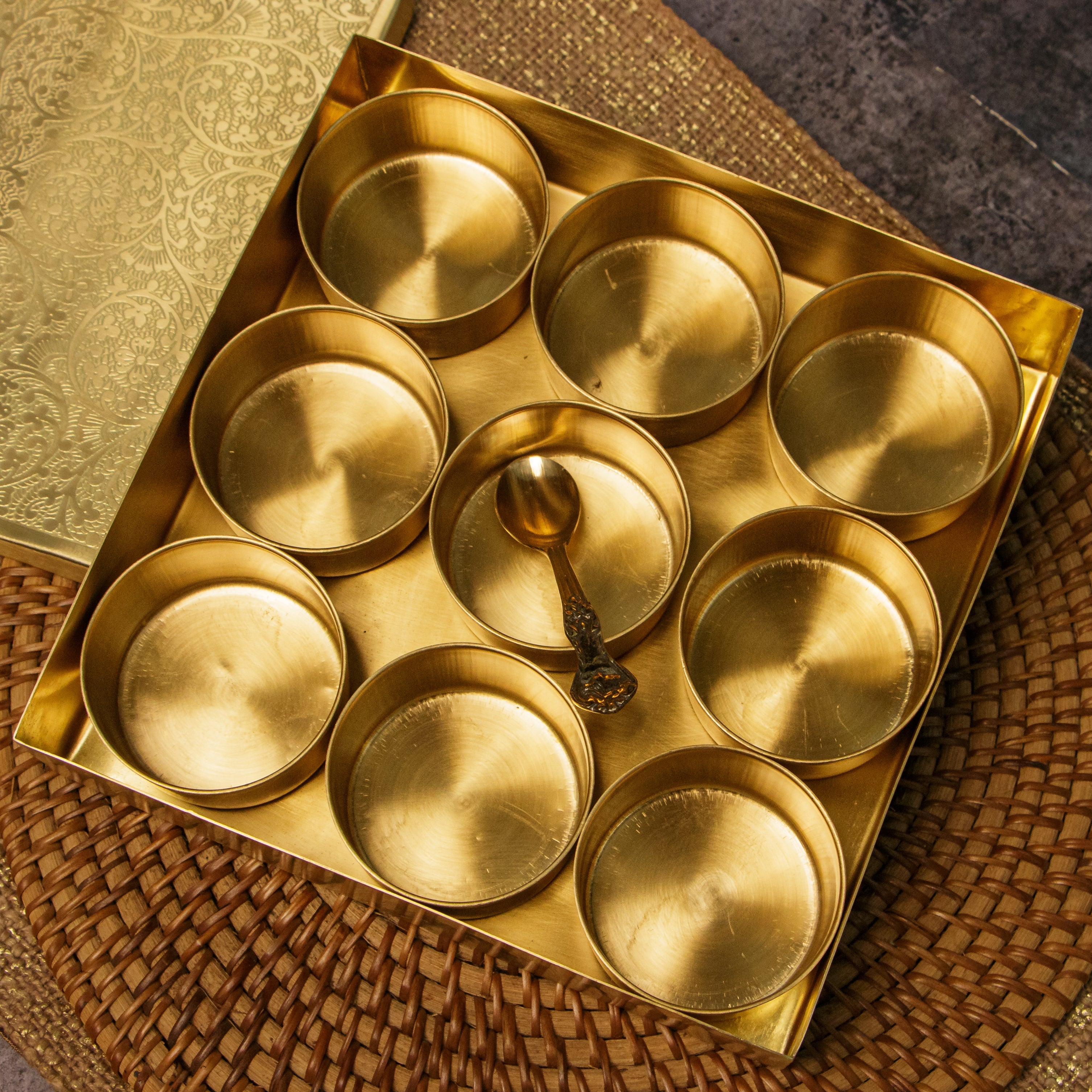 Ambi Pure Brass Finely Etched 9 Container Square Spice Box