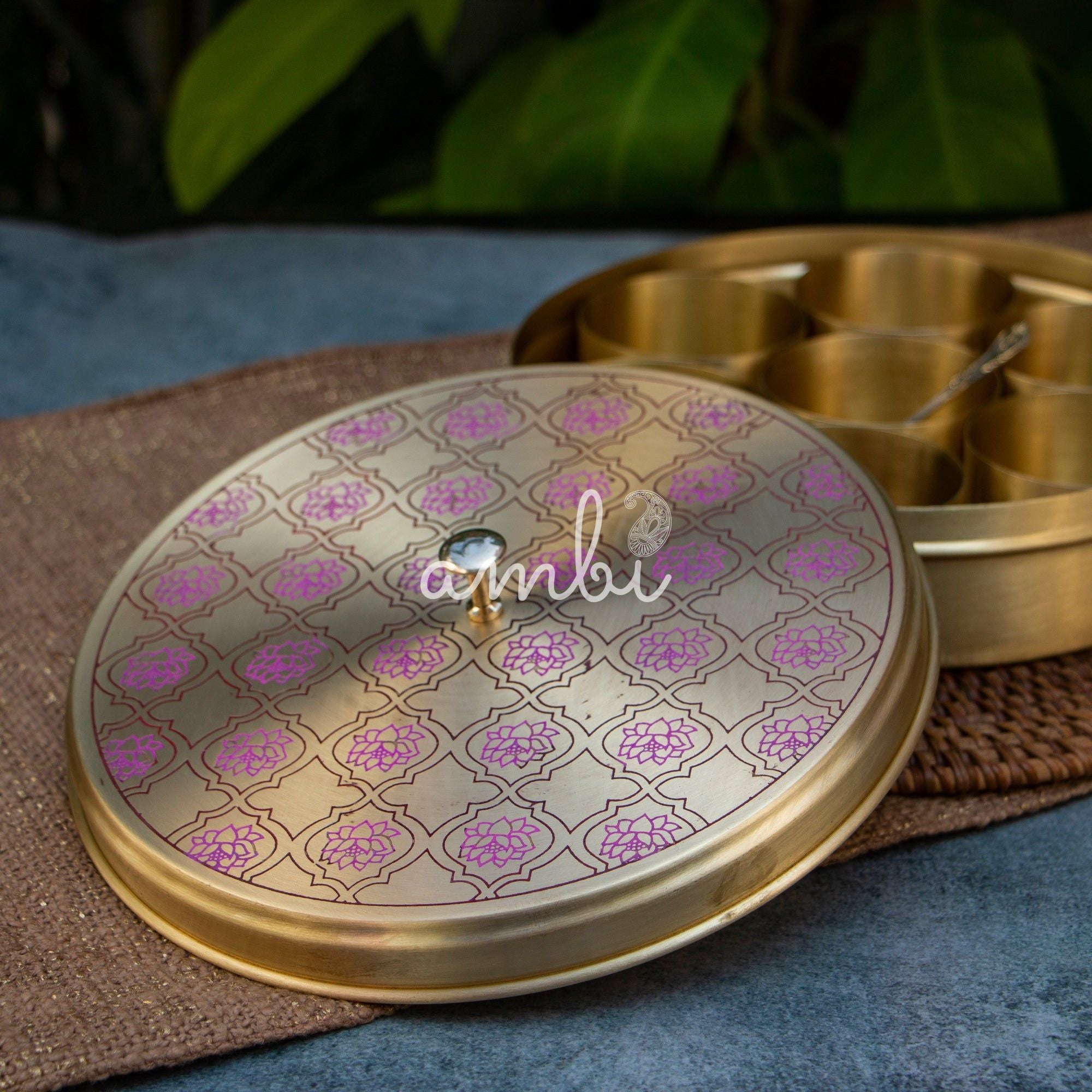 Ambi Lotus Pure Brass Spice Box Masala Daani with 7 Spice Containers - Inlay Work