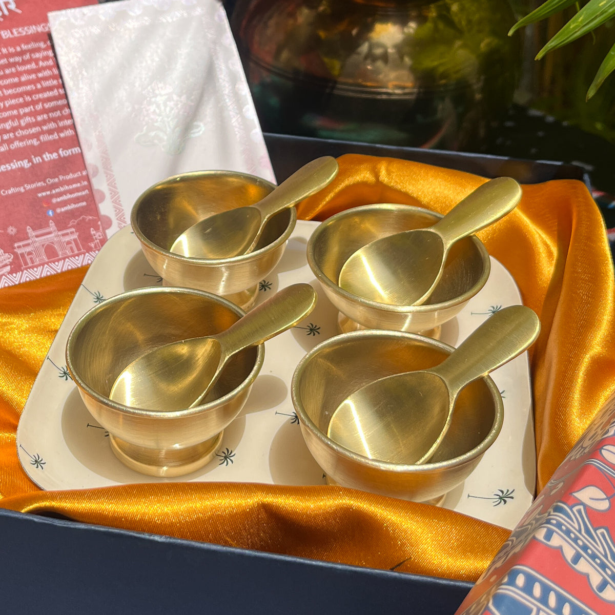 Ambi Pure Brass Dessert Platter with Bowl and Spoon | Premium Gift Set of 4