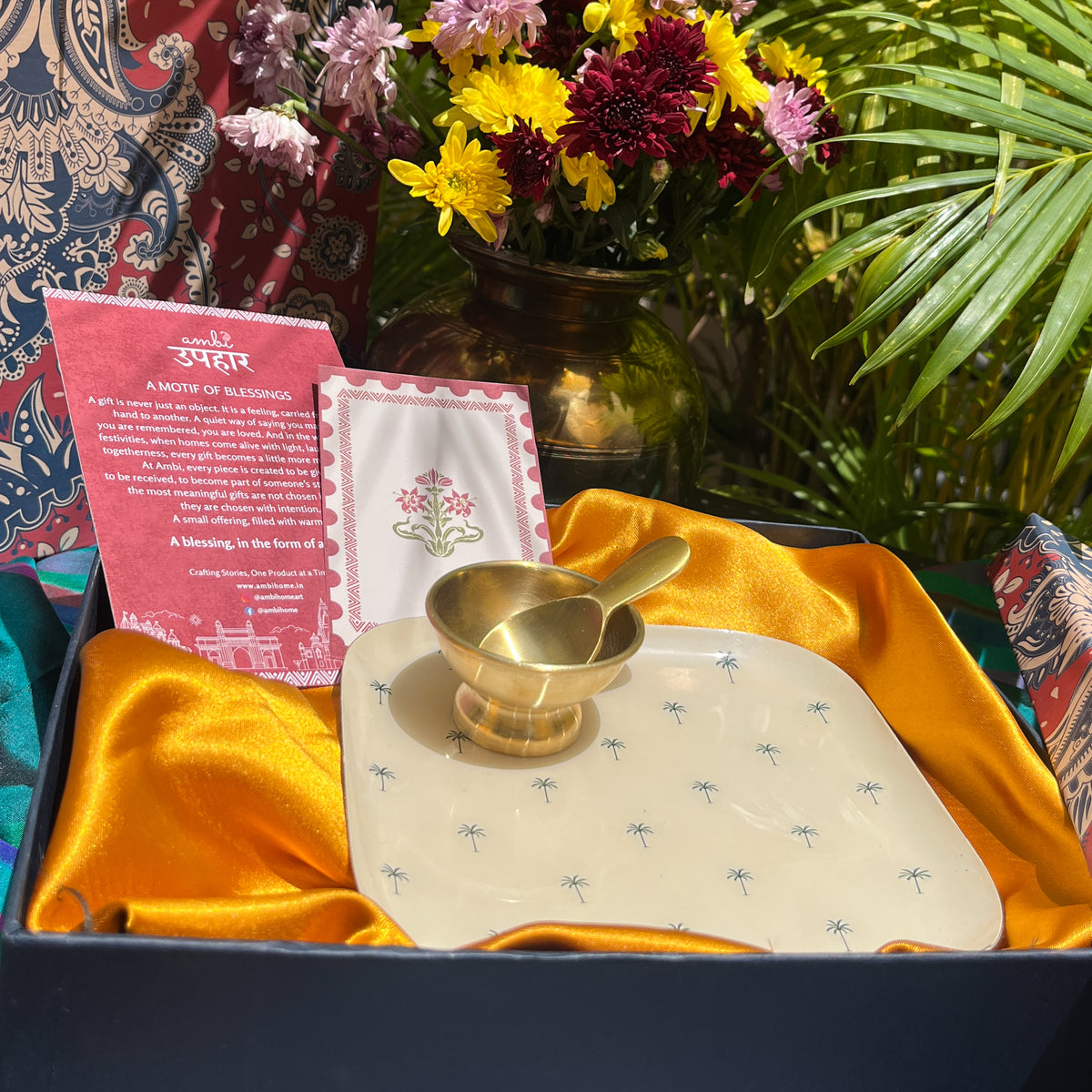 Ambi Pure Brass Dessert Platter with Bowl and Spoon | Premium Gift Set