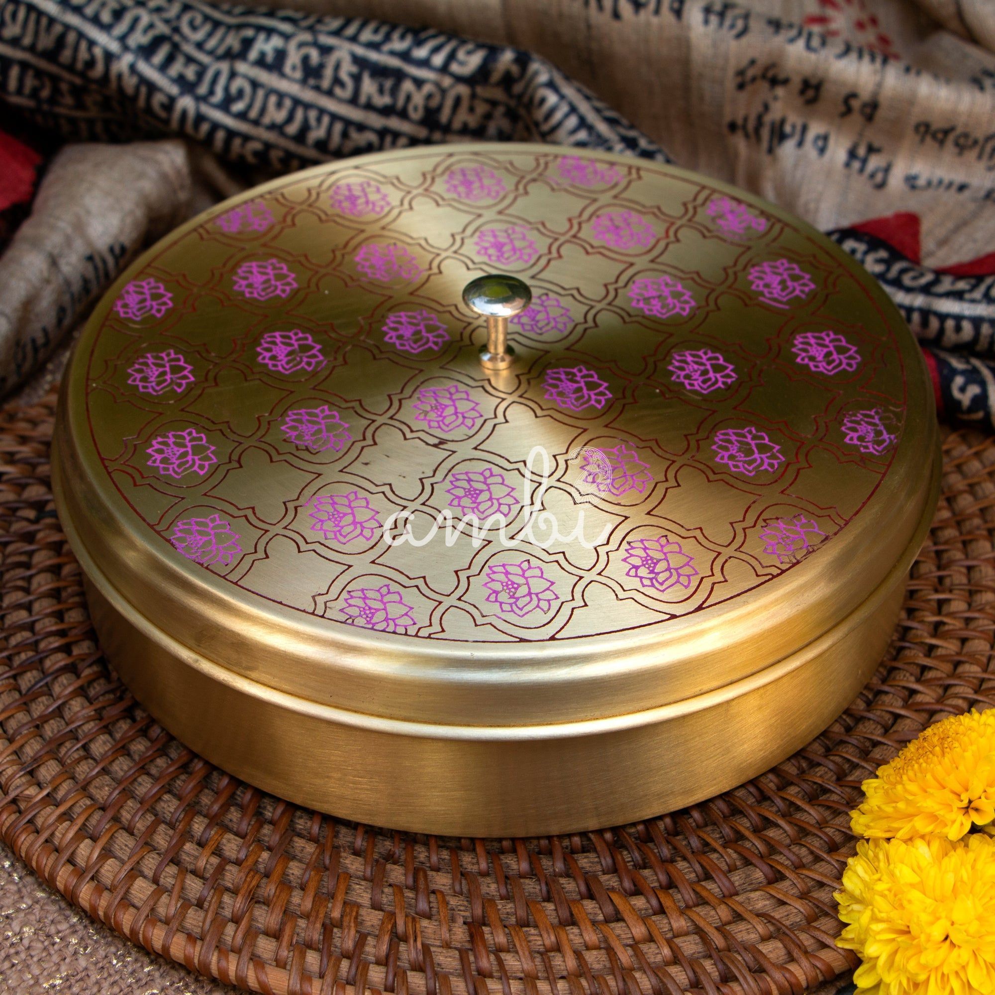 Ambi Lotus Pure Brass Spice Box Masala Daani with 7 Spice Containers - Inlay Work