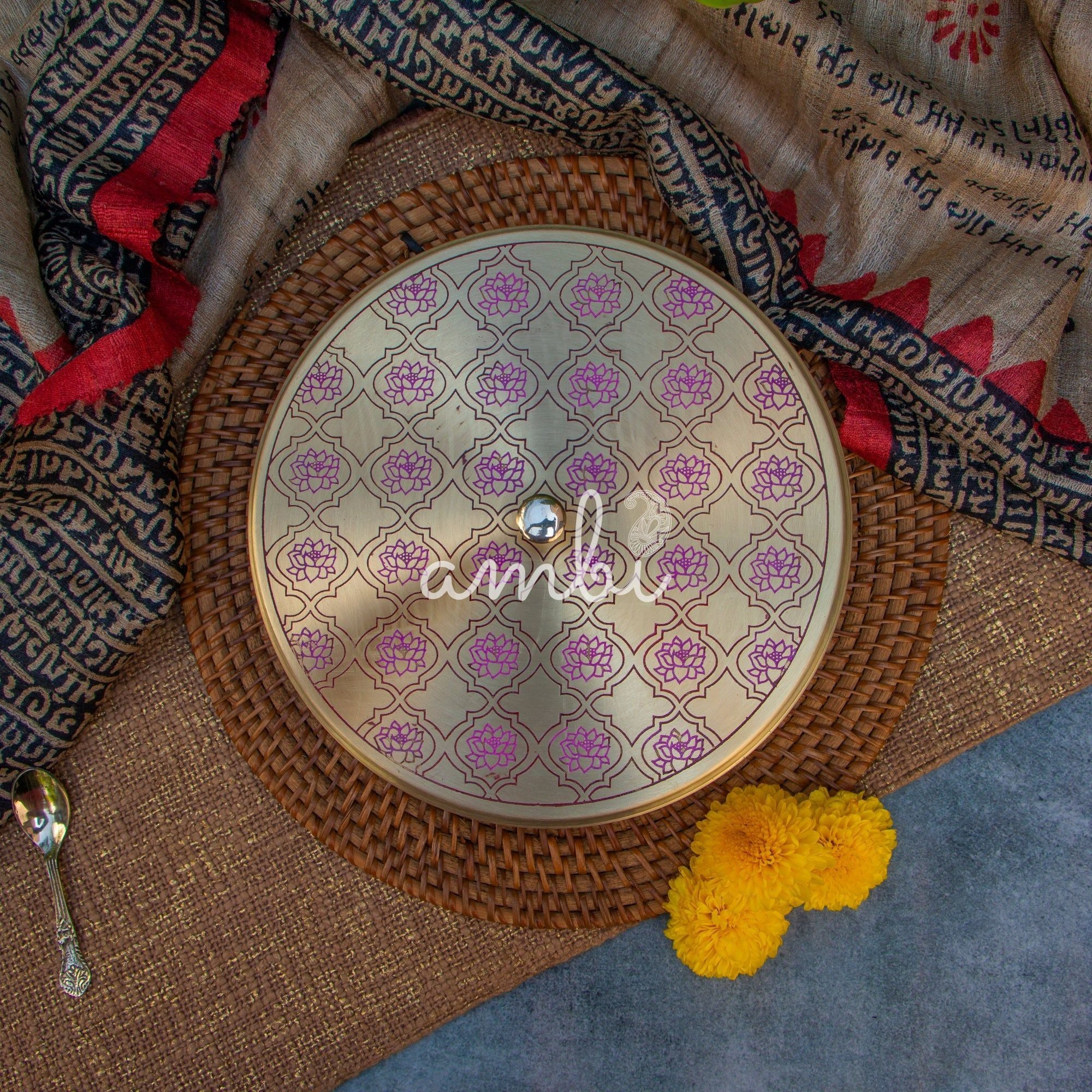 Ambi Lotus Pure Brass Spice Box Masala Daani with 7 Spice Containers - Inlay Work