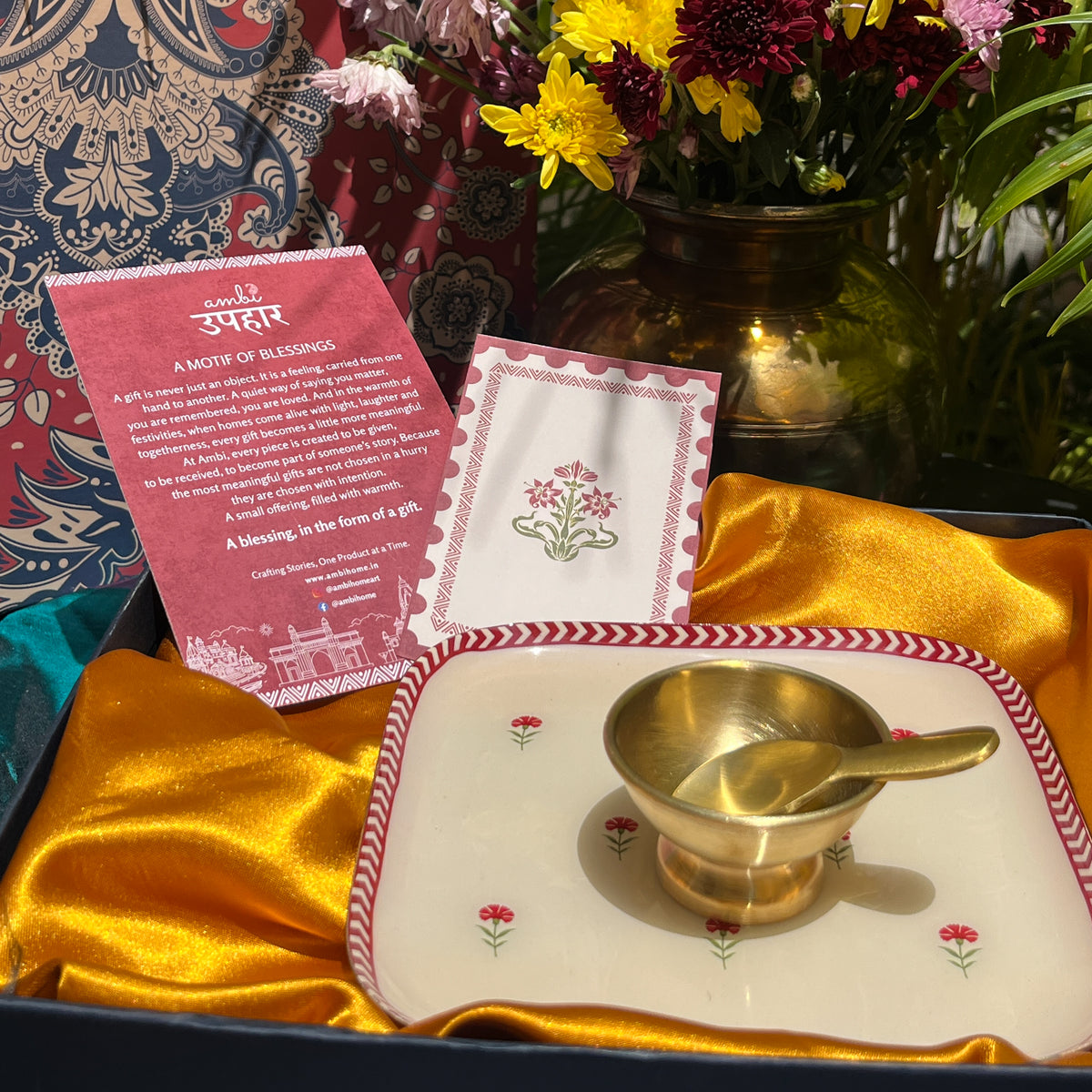Ambi Pure Brass Mithai Serving Set with Platter, Bowl and Spoon | Premium Gift Set