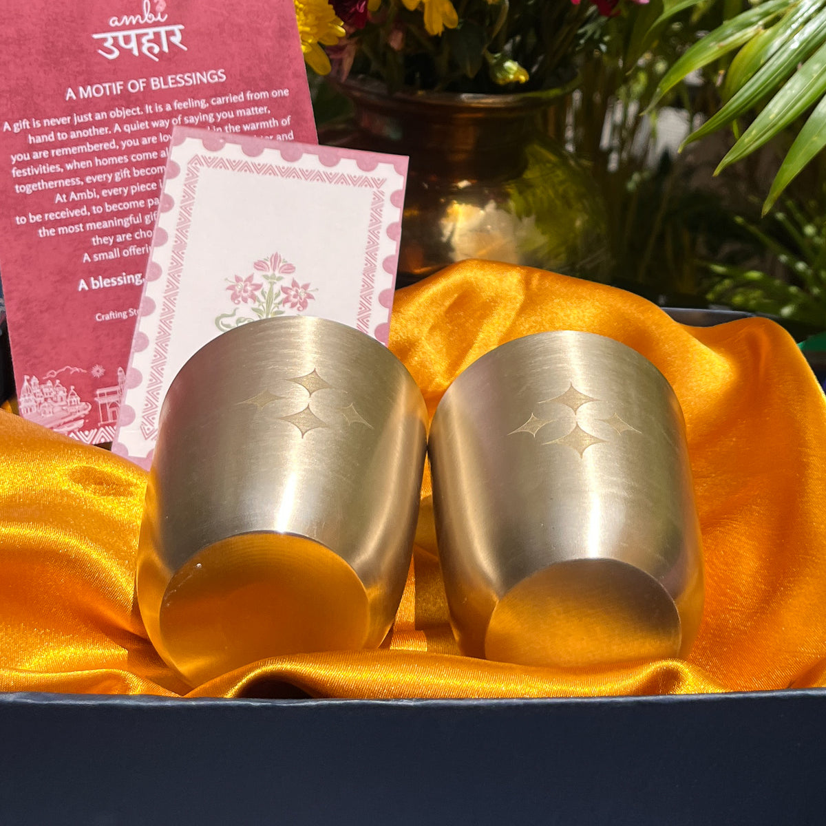 Ambi Hand-Etched Pure Kansa Drinking Glasses Gift Set | Traditional Tumbler Set of 2