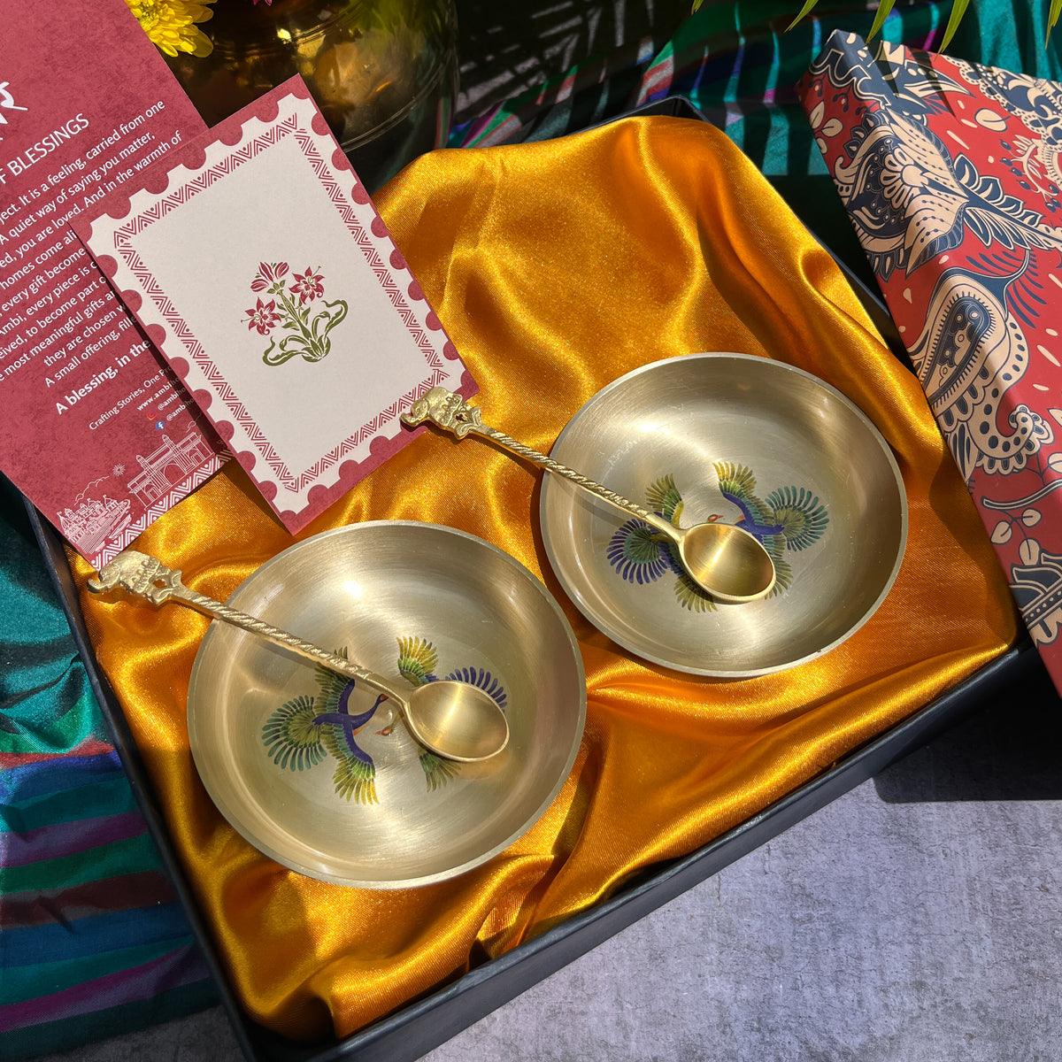 Kansa Dessert Plate & Elephant Spoon Set of 2 | Pattachitra Art | Premium Gift Box