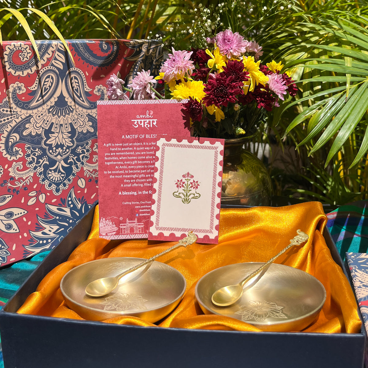 Ambi Hibiscus-Etched Pure Kansa Plate and Brass Spoon Gift Box | Set of 2