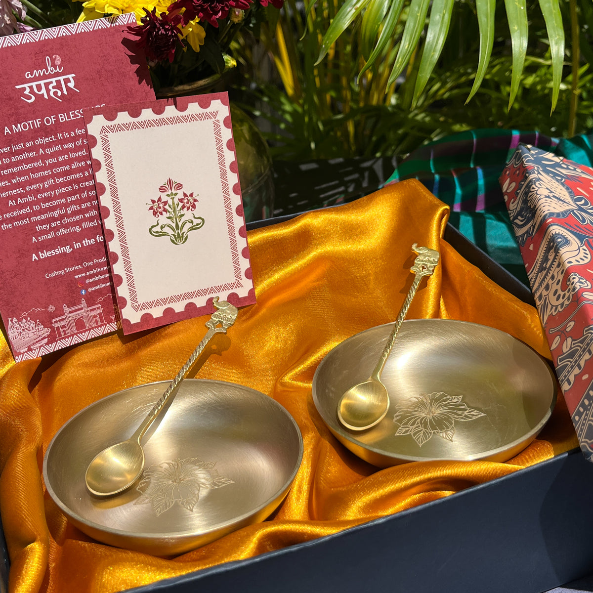 Ambi Hibiscus-Etched Pure Kansa Plate and Brass Spoon Gift Box | Set of 2