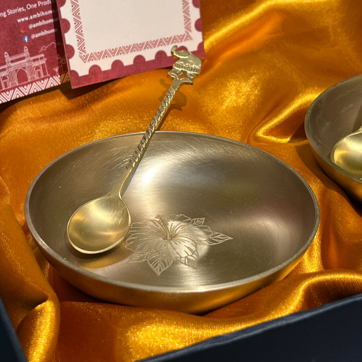 Ambi Hibiscus-Etched Pure Kansa Plate and Brass Spoon Gift Box | Set of 2