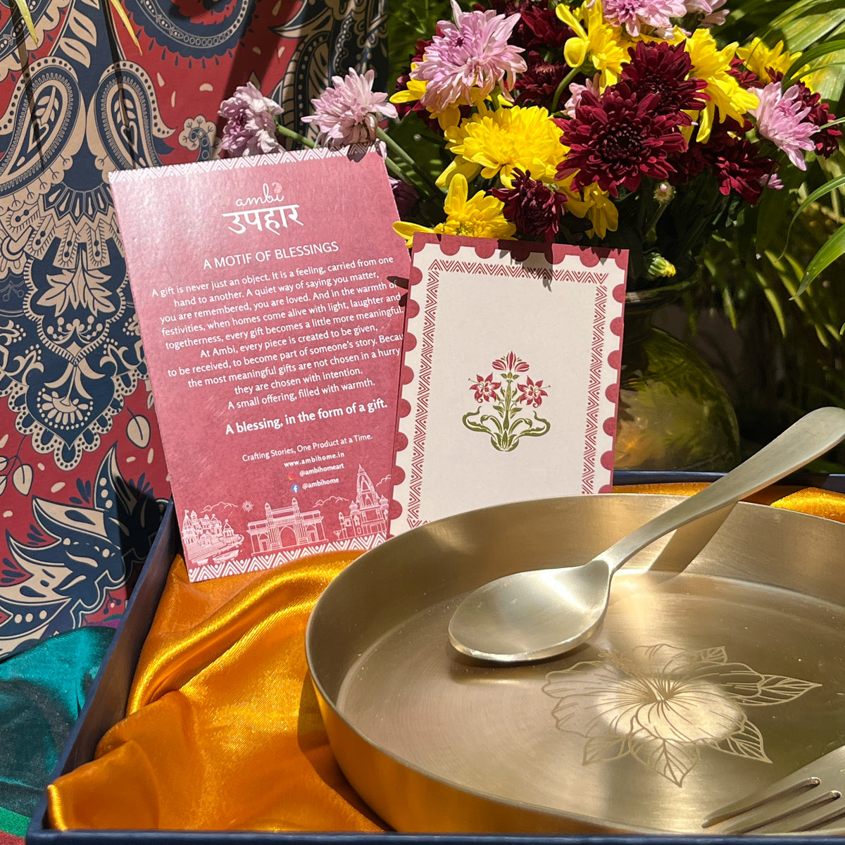 Ambi Kansa Plate with Hibiscus Etched & Cutlery– Premium Gift Box Set