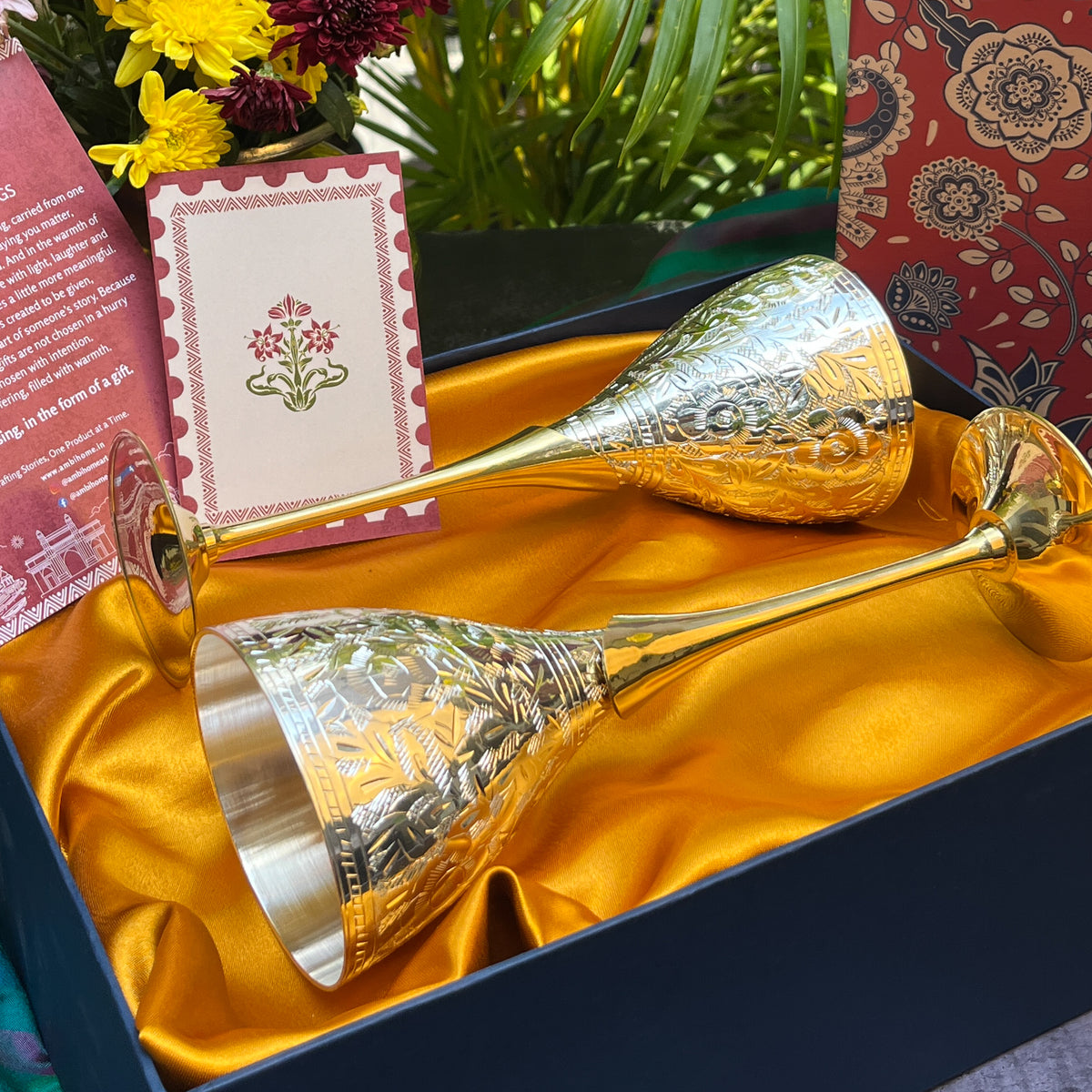Ambi Hand-Engraved Brass Champagne Flutes with Silver Polish | Wine Goblet Gift Set of 2