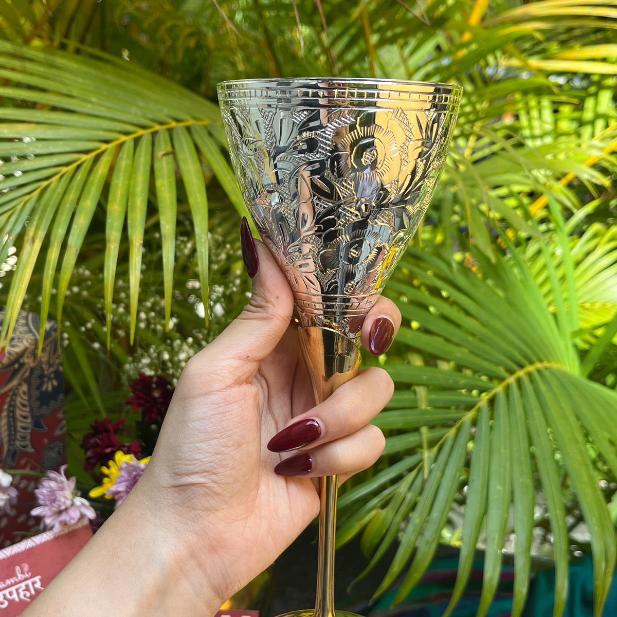 Ambi Hand-Engraved Brass Champagne Flutes with Silver Polish | Wine Goblet Gift Set of 2