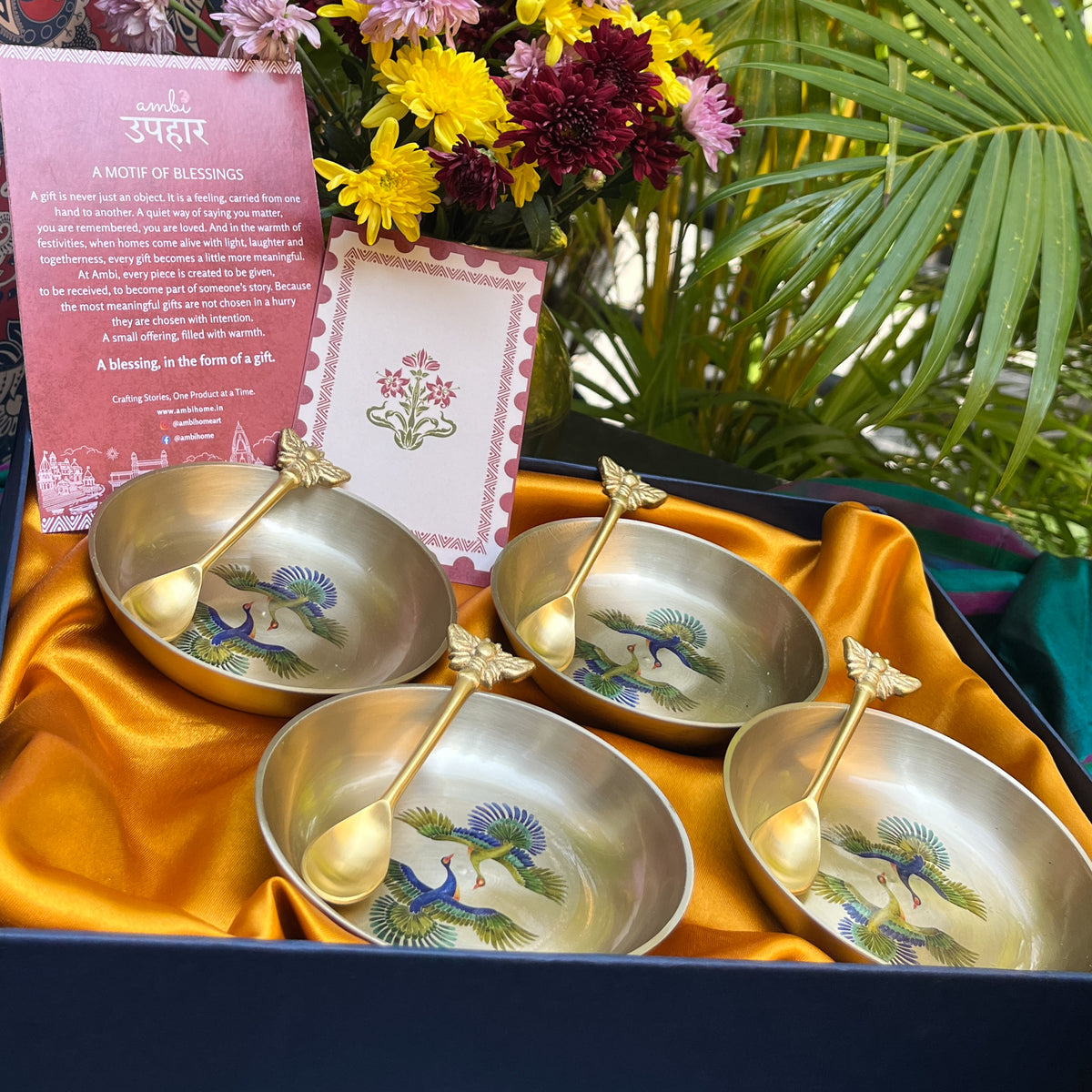 Kansa Dessert Plate & Elephant Spoon Set of 4 | Pattachitra Art | Premium Gift Box