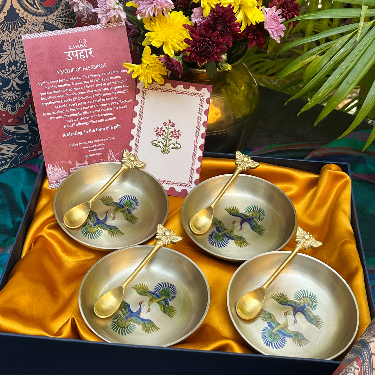 Kansa Dessert Plate & Elephant Spoon Set of 4 | Pattachitra Art | Premium Gift Box