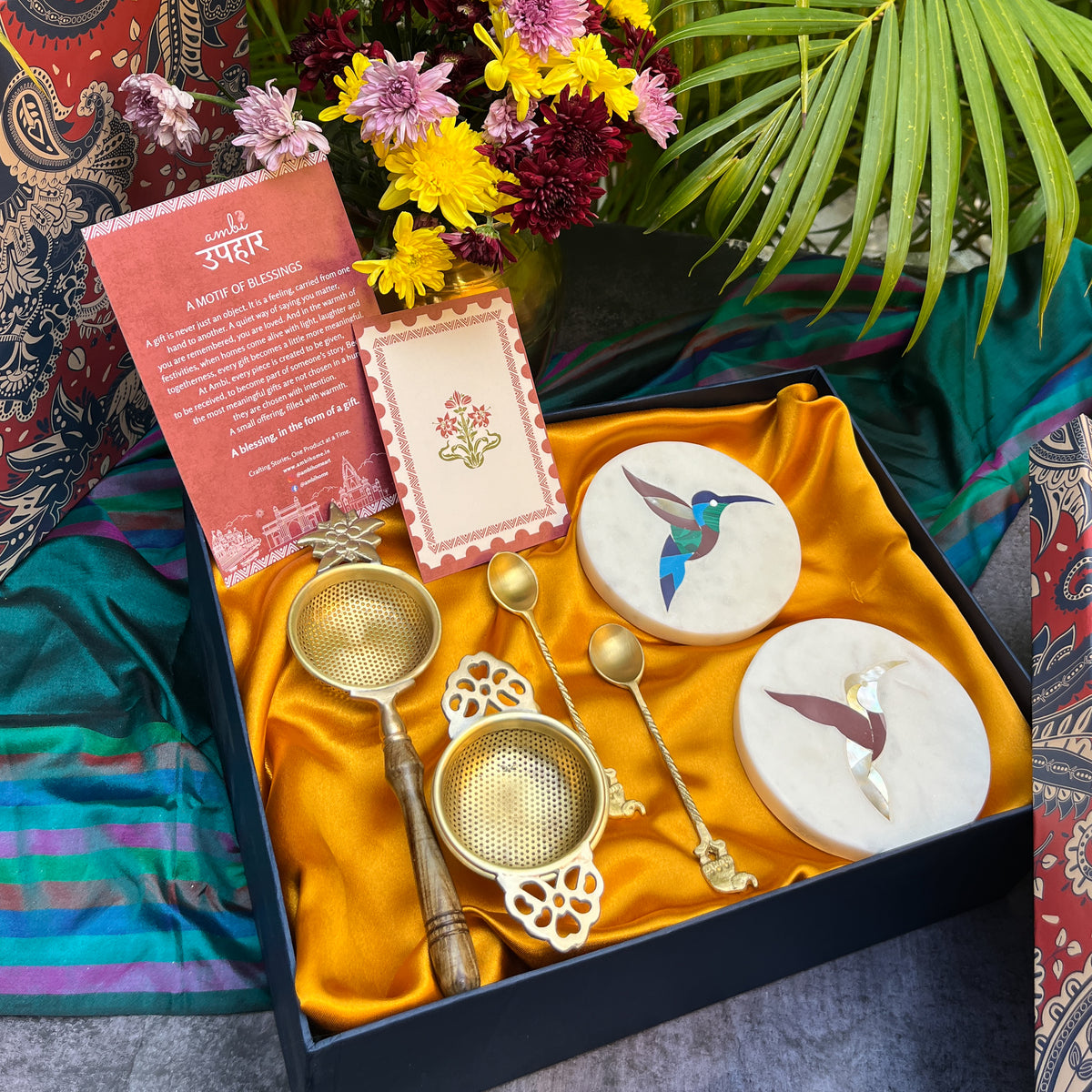 Ambi Luxury Brass Tea Set Gift Box — Handcrafted Tea Service for Gifting