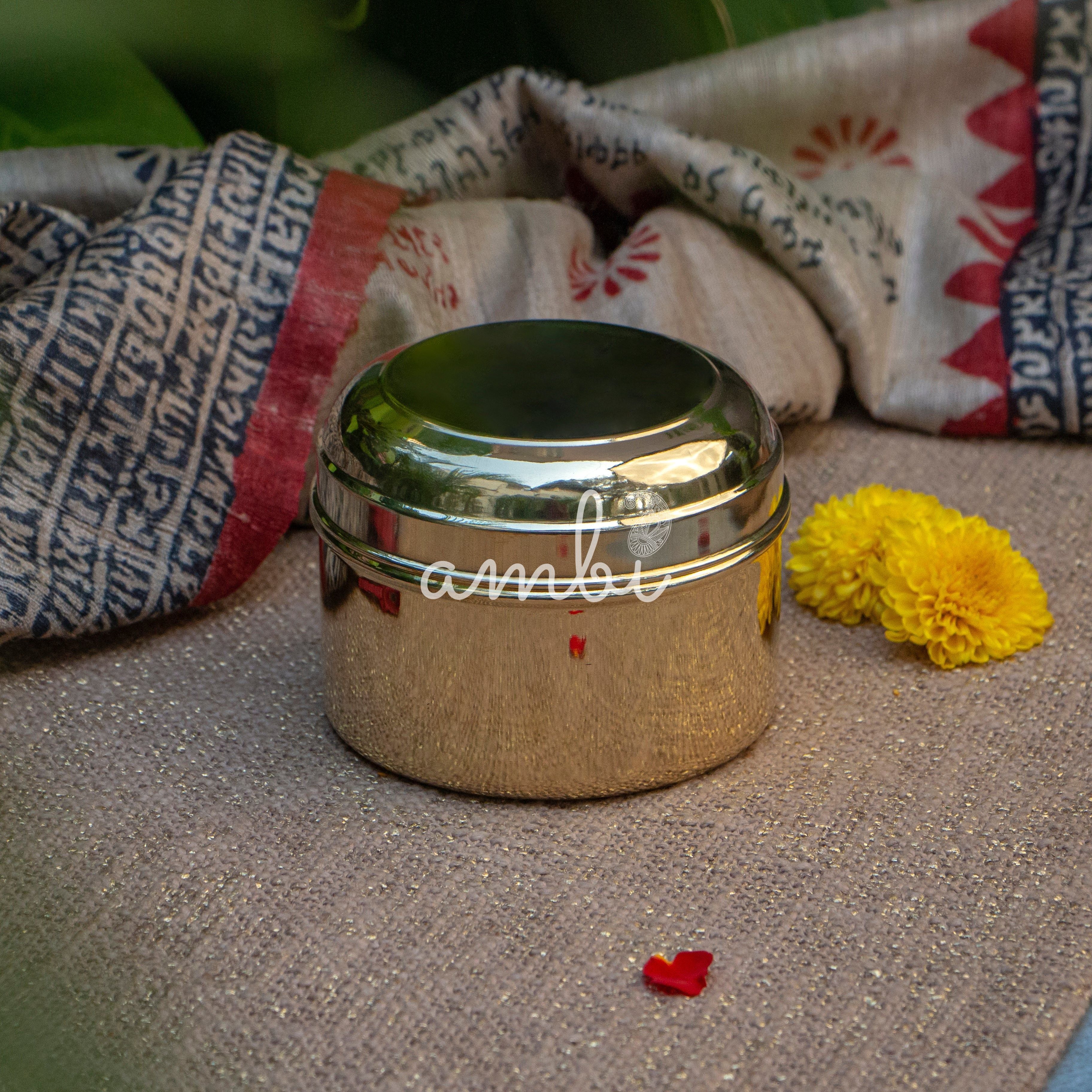 Ambi Pure Brass Laddoo / Kitchen Storage Box - Large - 6 inches Diameter - Glossy Finish