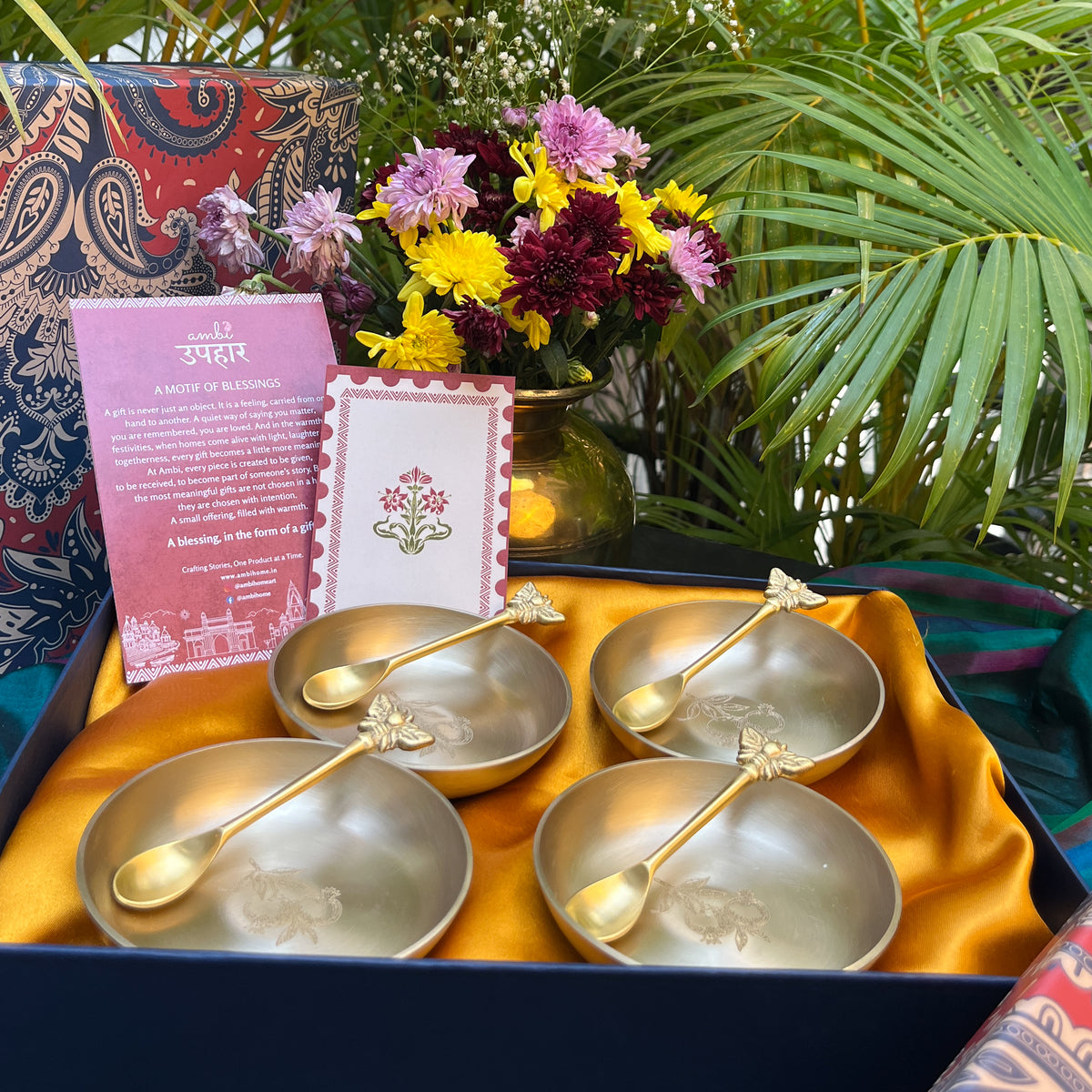Ambi Pomegranate-Etched Pure Kansa Plate and Brass Spoon Gift Box | Set of 4