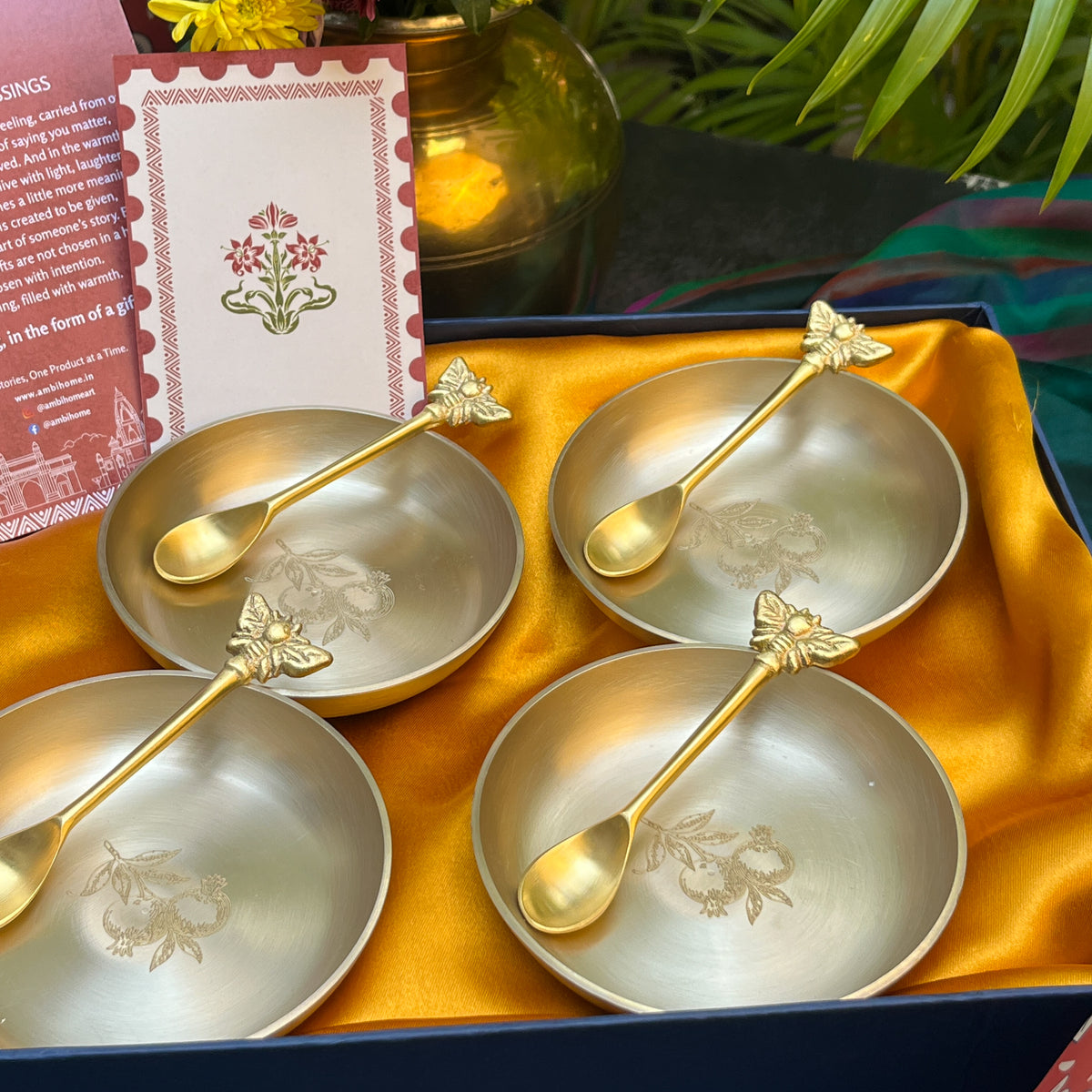 Ambi Pomegranate-Etched Pure Kansa Plate and Brass Spoon Gift Box | Set of 4