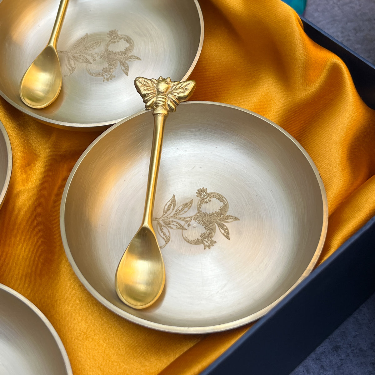 Ambi Pomegranate-Etched Pure Kansa Plate and Brass Spoon Gift Box | Set of 4