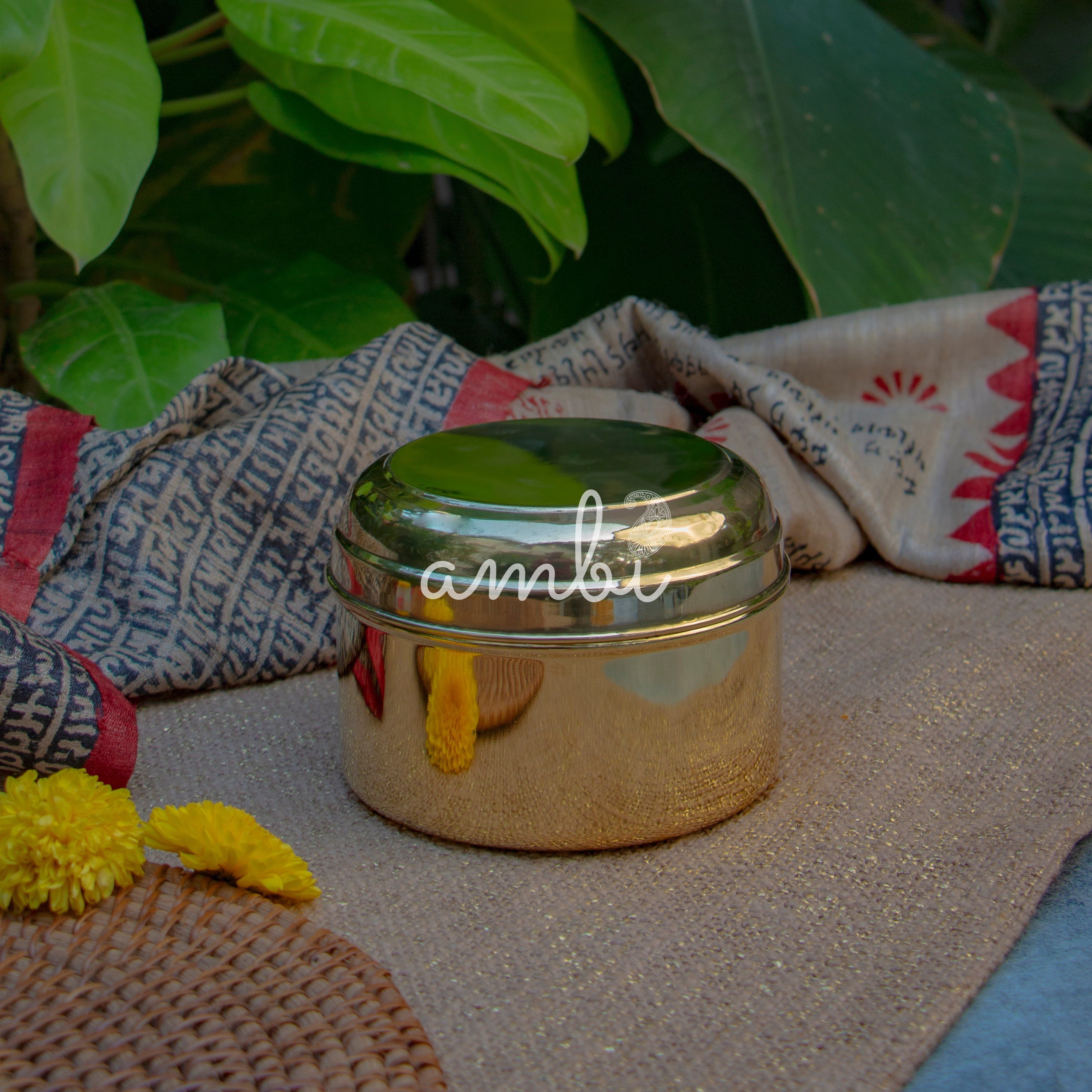 Ambi Pure Brass Laddoo / Kitchen Storage Box - Medium - 4.5 Inches - Glossy Finish