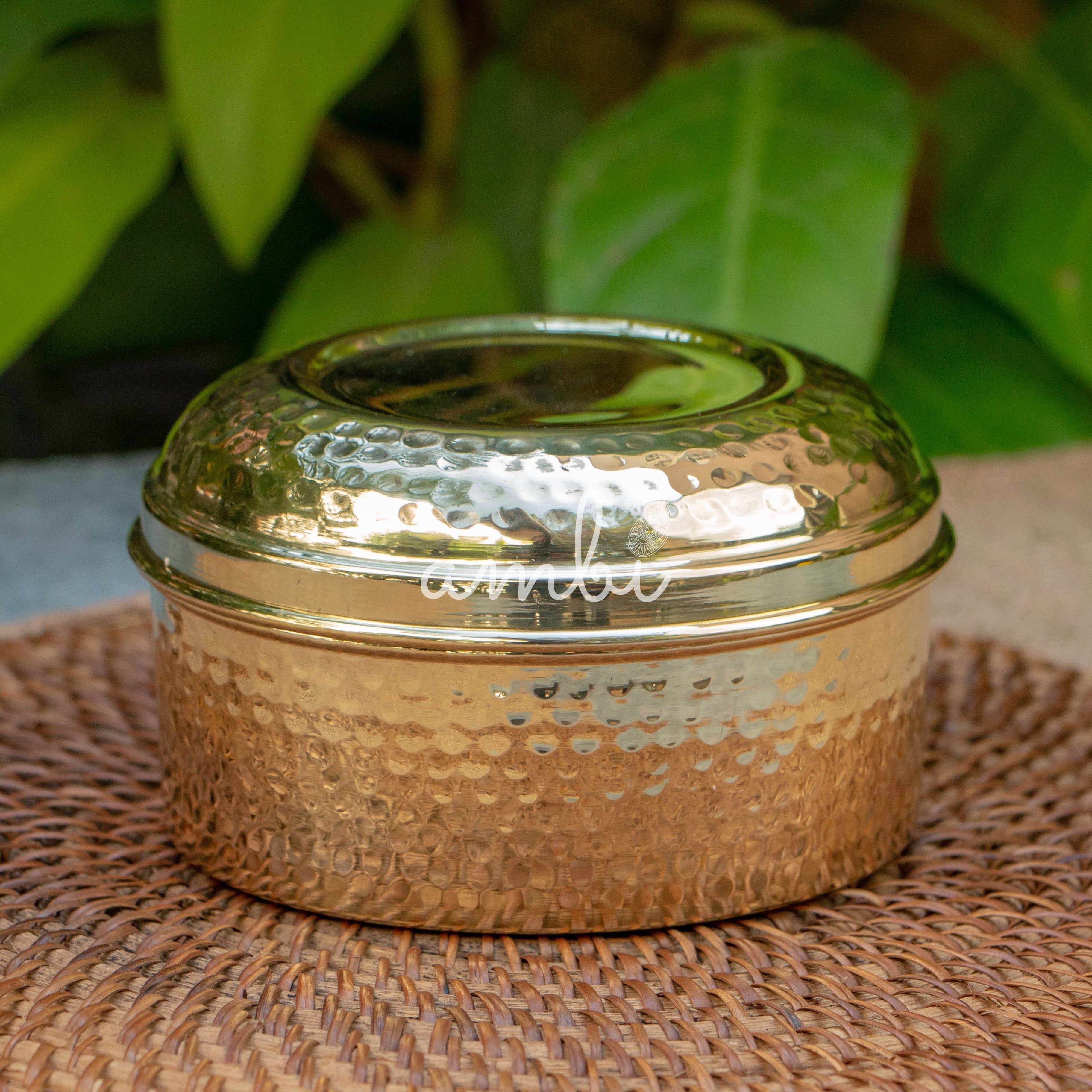 Ambi Pure Brass Elegant Hammered Round Storage / Tiffin Box - 5 Inch Diameter - Hammered Finish
