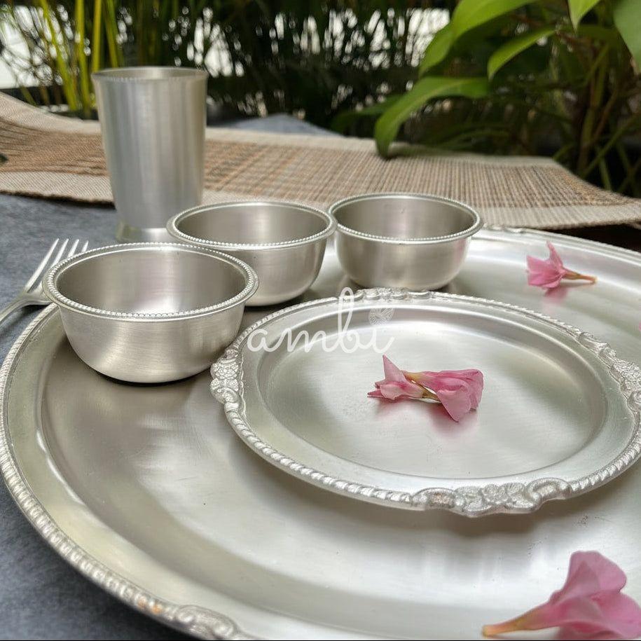 Ambi Royal Matte Silver-Plated Pure Brass Matt Thali Set with Engraved Borders Details – 9 Pieces