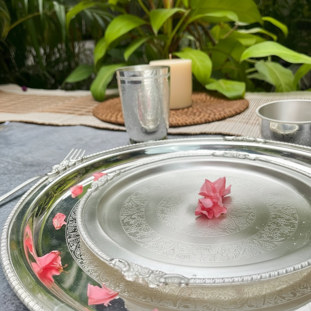 Ambi Silver-Plated Brass Thali Set – 8 Pieces | Glossy Engraved