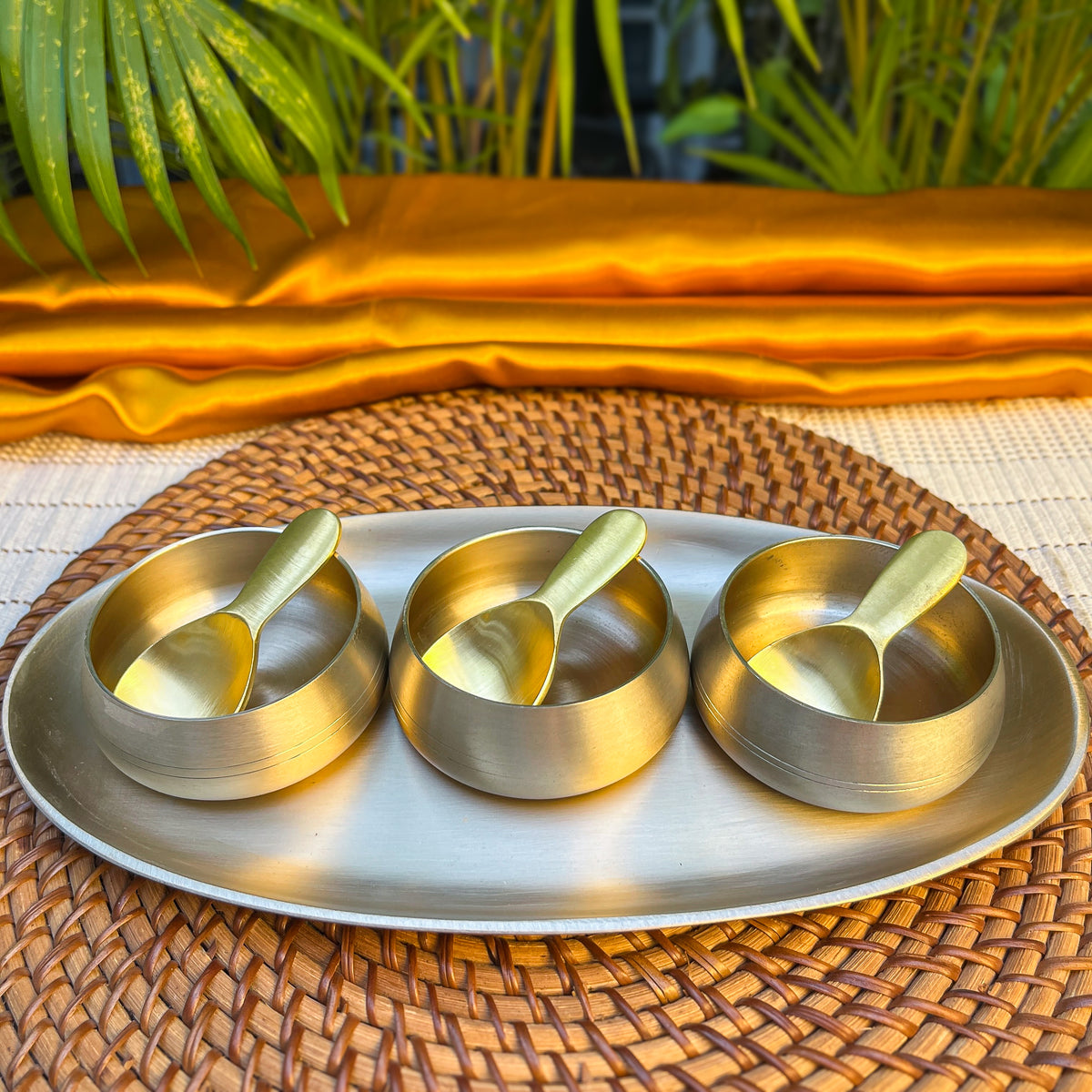 Ambi Pure Kansa Mukhwas Platter with 3 Bowls and 3 Spoons | Premium Gift Box Set of 7