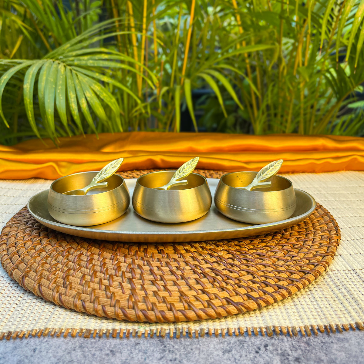 Ambi Pure Kansa Mukhwas Platter with 3 Bowls and 3 Feather Spoons | Premium Gift Box Set of 7