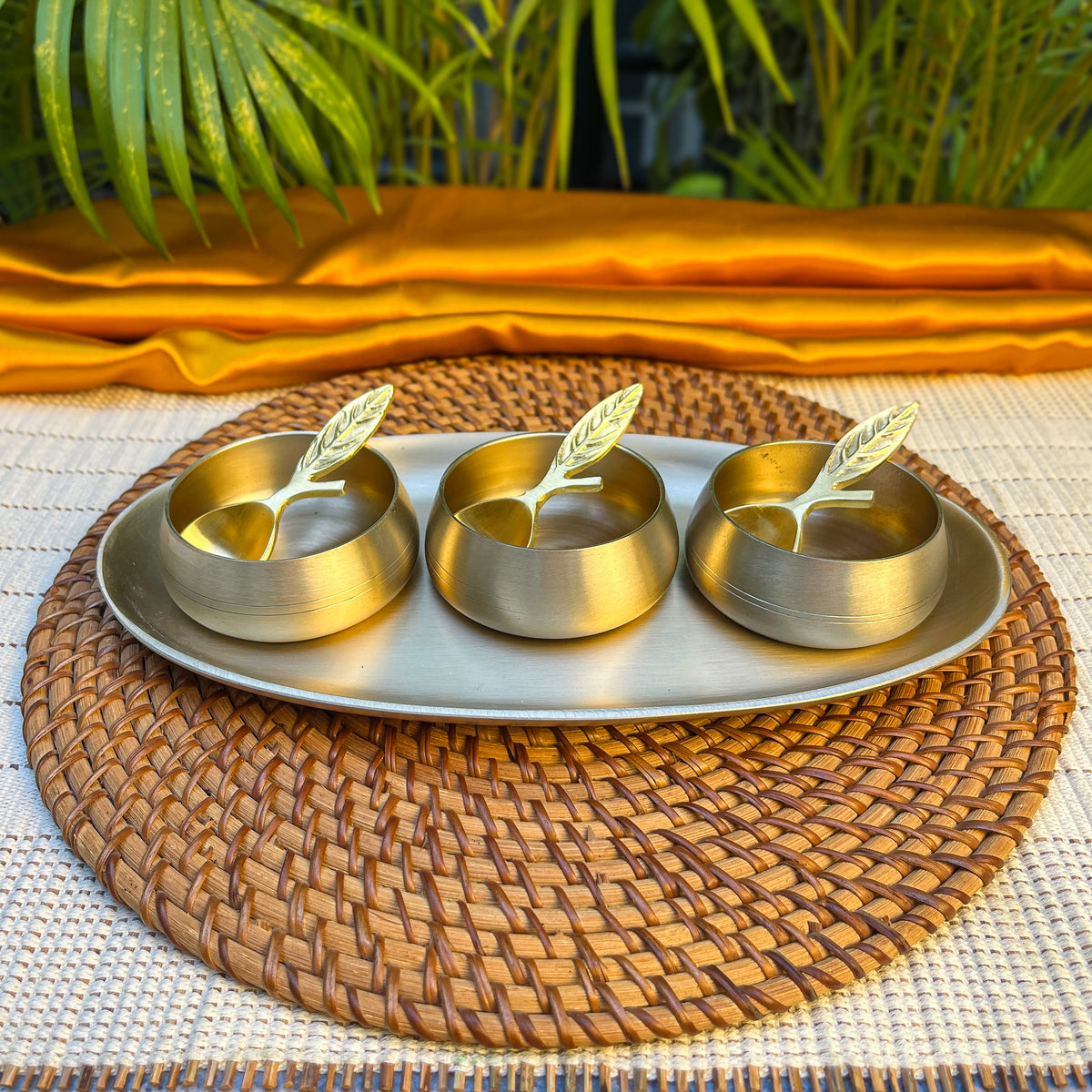 Ambi Pure Kansa Mukhwas Platter with 3 Bowls and 3 Feather Spoons | Premium Gift Box Set of 7