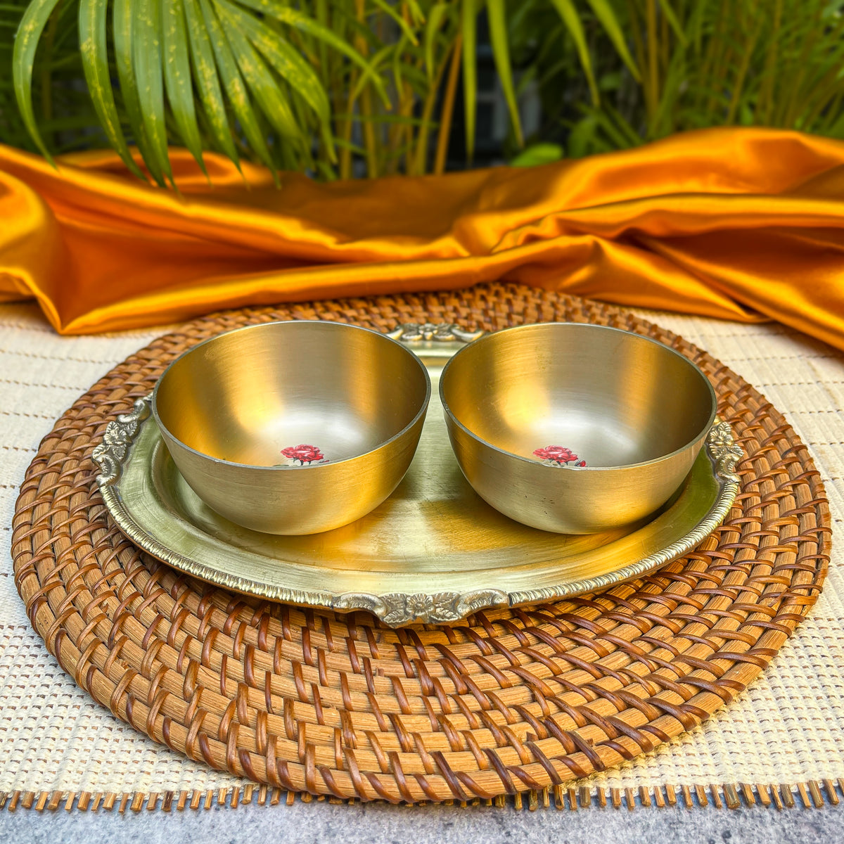 Ambi Rose Kansa Katori with Brass Platter | Premium Gift Box Set