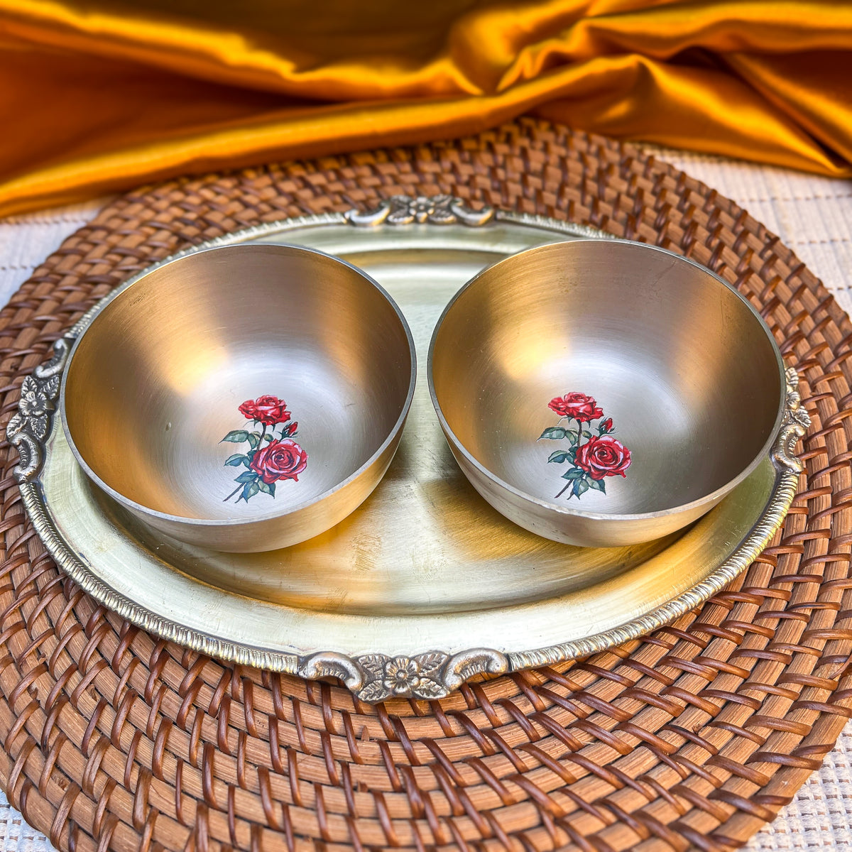 Ambi Rose Kansa Katori with Brass Platter | Premium Gift Box Set