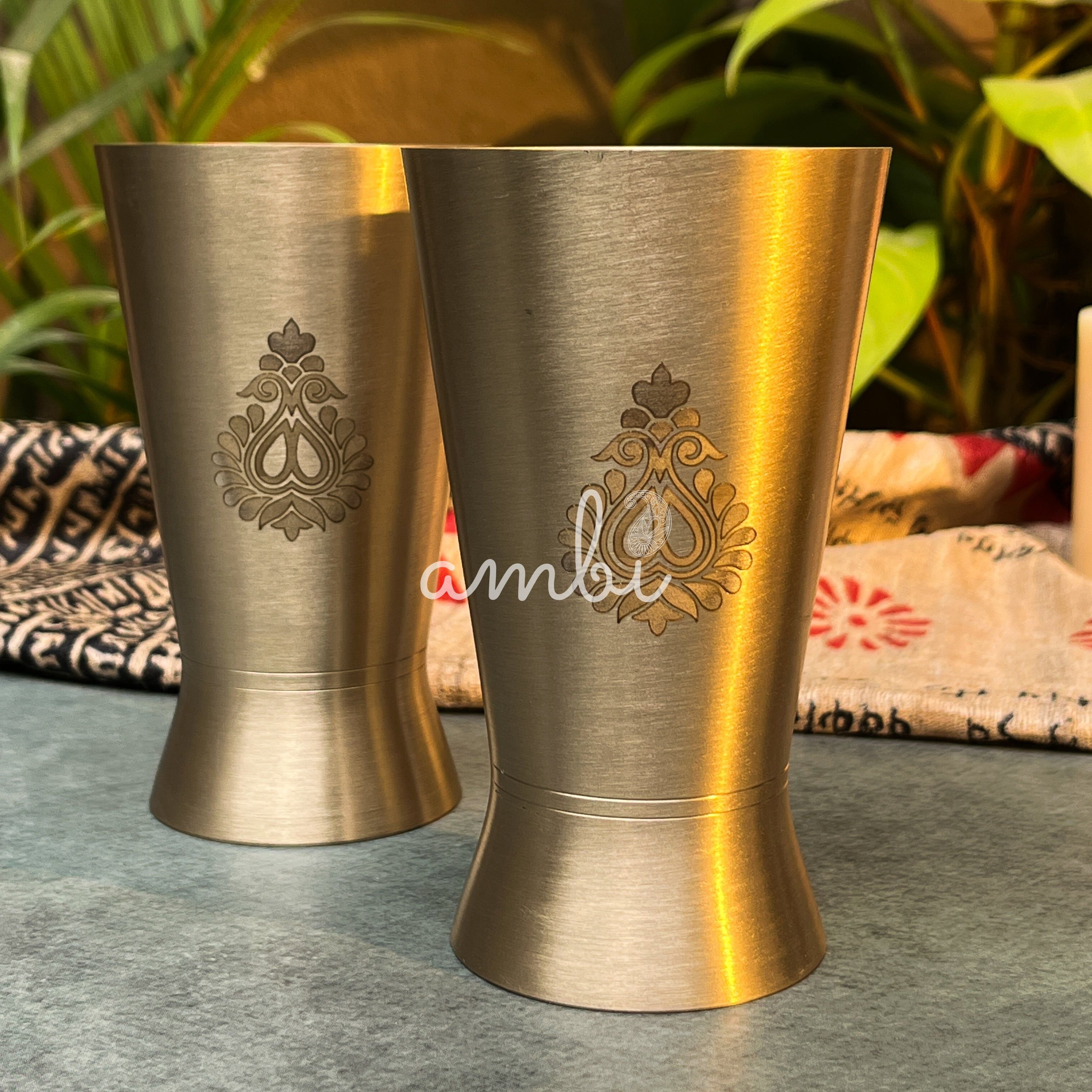 AMBI Royal 100% Pure Lead Free Kansa Glass with Laser Cut Floral Paisley Design - 275 ML