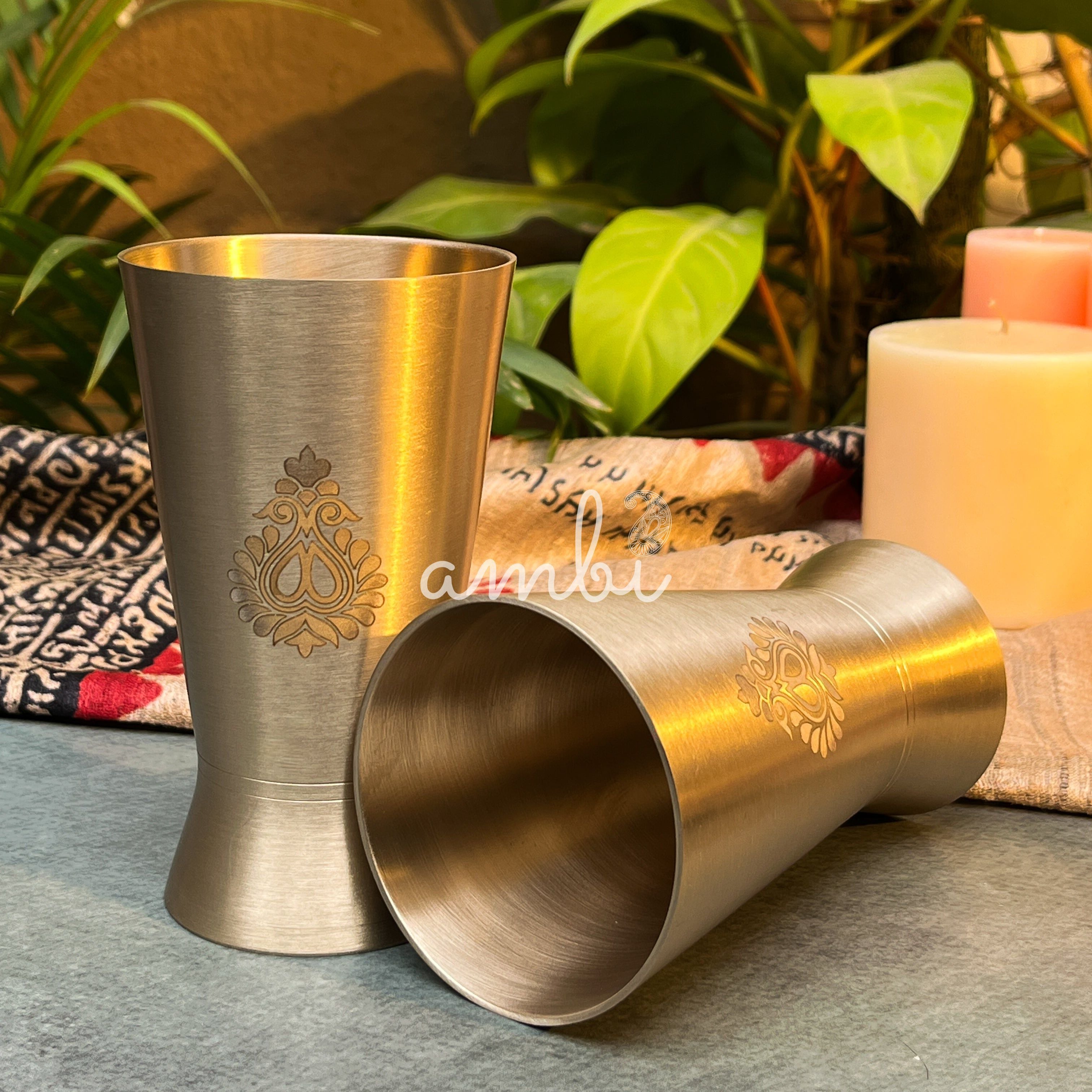 AMBI Royal 100% Pure Lead Free Kansa Glass with Laser Cut Floral Paisley Design - 275 ML