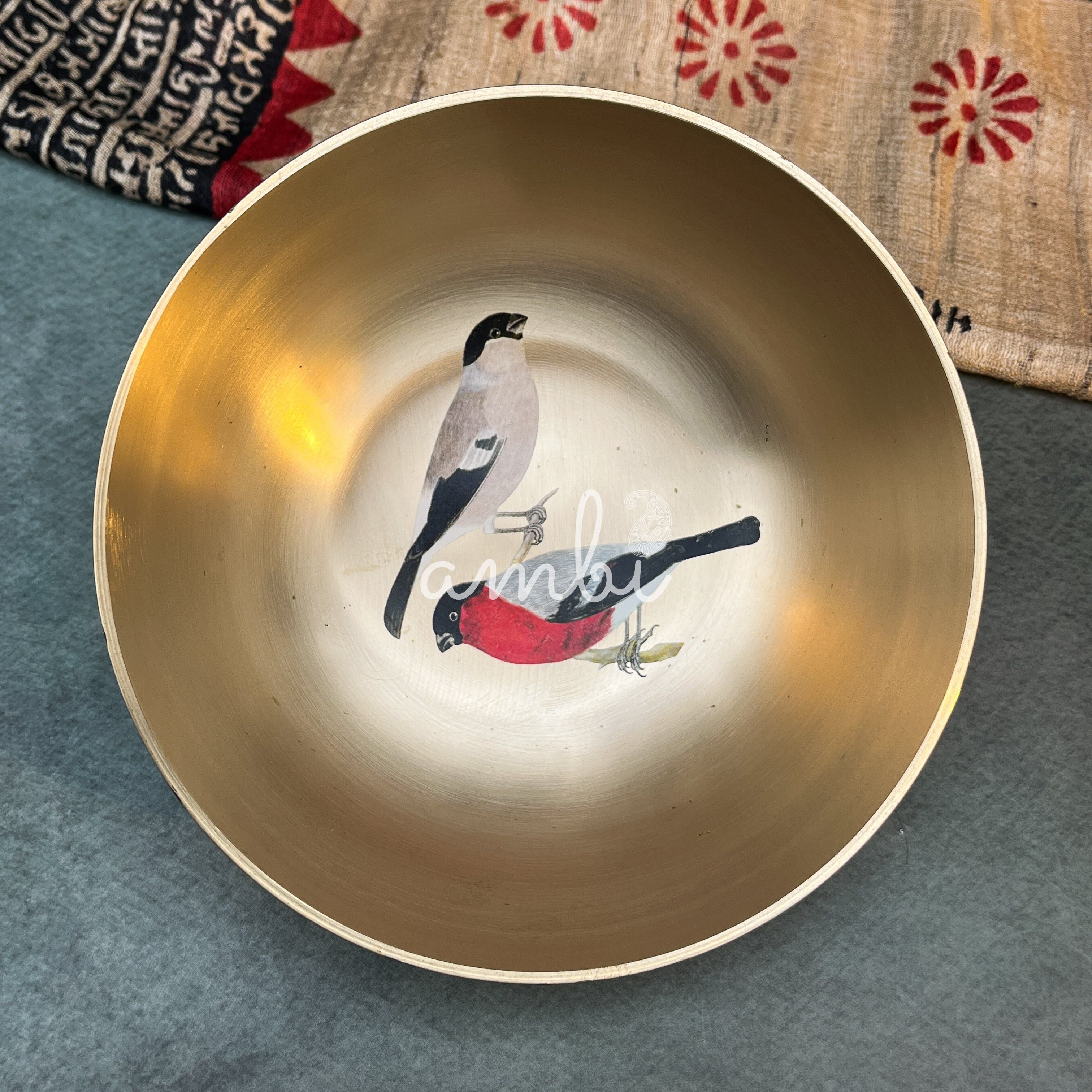 AMBI Pure 100% Lead Free Kansa Sparrow Hand Painted Finish Kansa Elegant Large Serving Bowl - 6.5 Inches - 930 ML