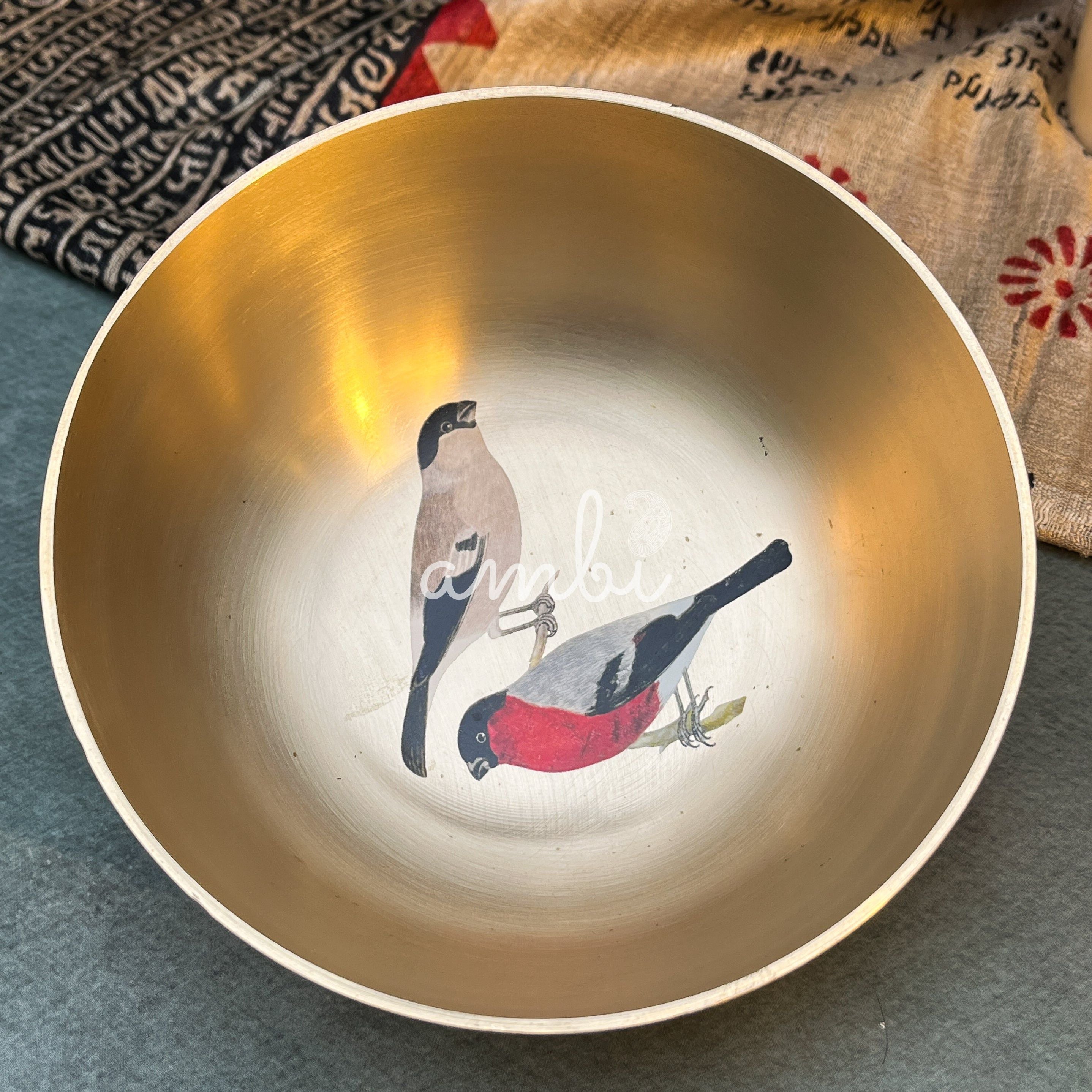 AMBI Pure 100% Lead Free Kansa Sparrow Hand Painted Finish Kansa Elegant Large Serving Bowl - 6.5 Inches - 930 ML