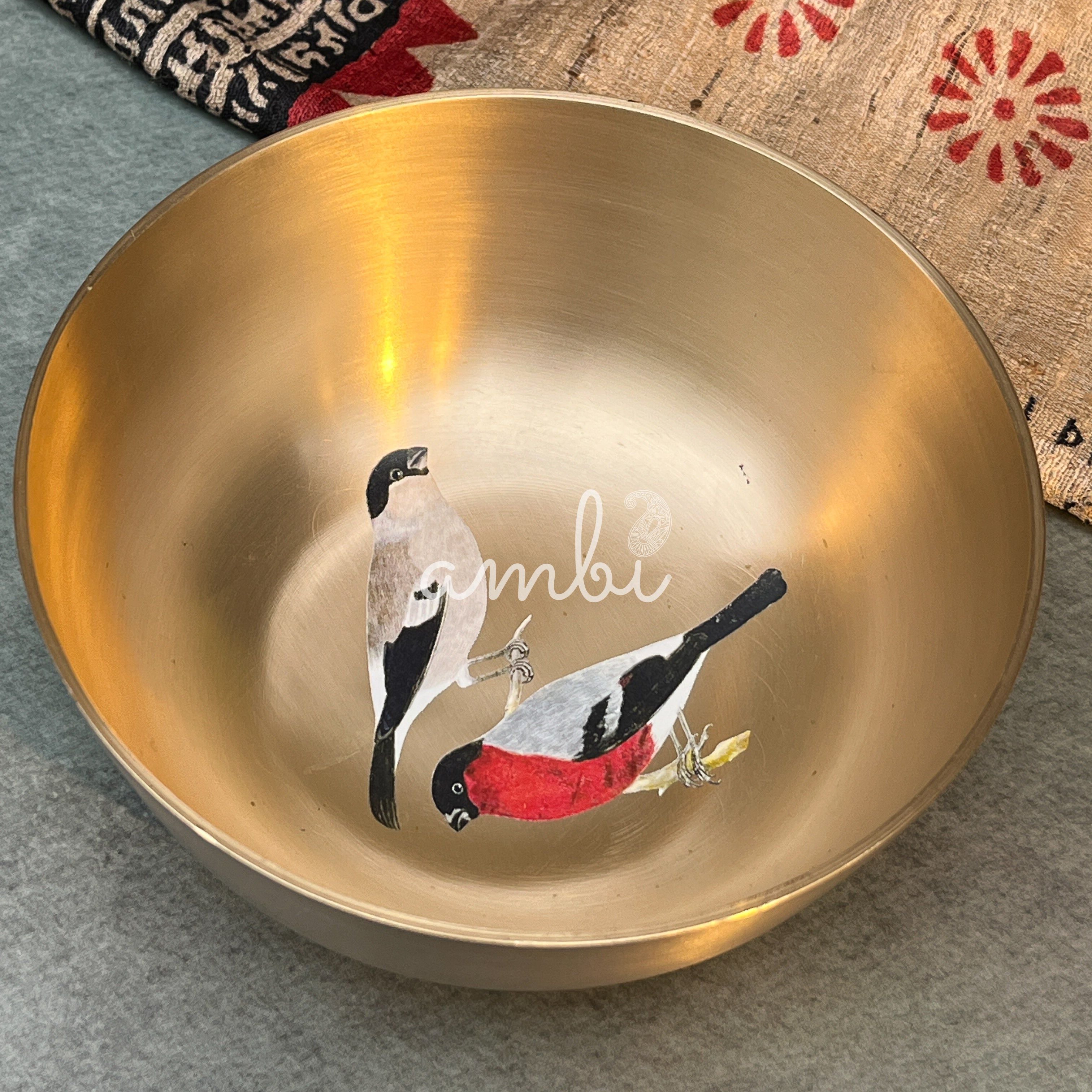AMBI Pure 100% Lead Free Kansa Sparrow Hand Painted Finish Kansa Elegant Large Serving Bowl - 6.5 Inches - 930 ML