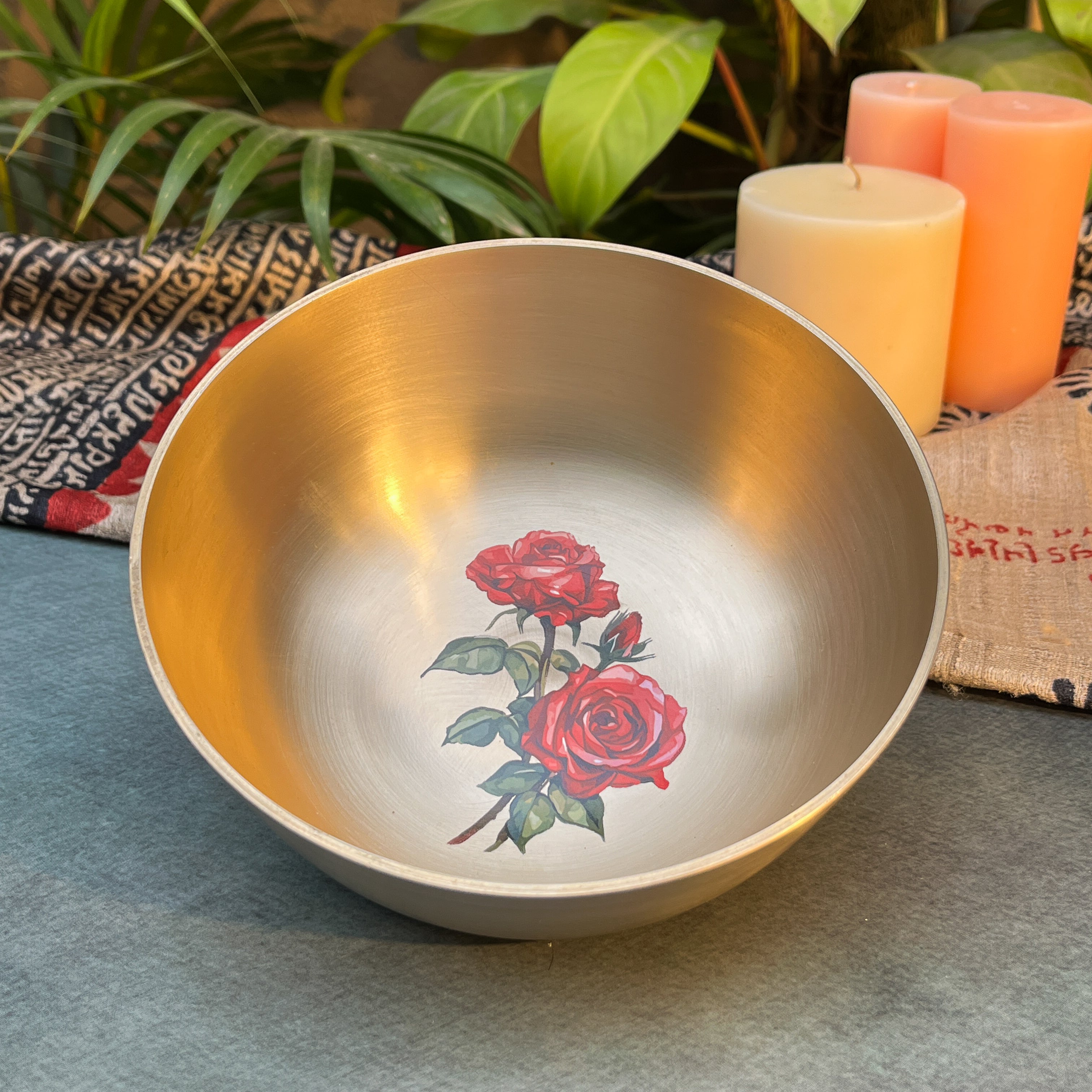 AMBI Pure 100% Lead Free Kansa Floral Hand Painted Finish Kansa Elegant Large Serving Bowl - 6.5 Inches - 930 ML