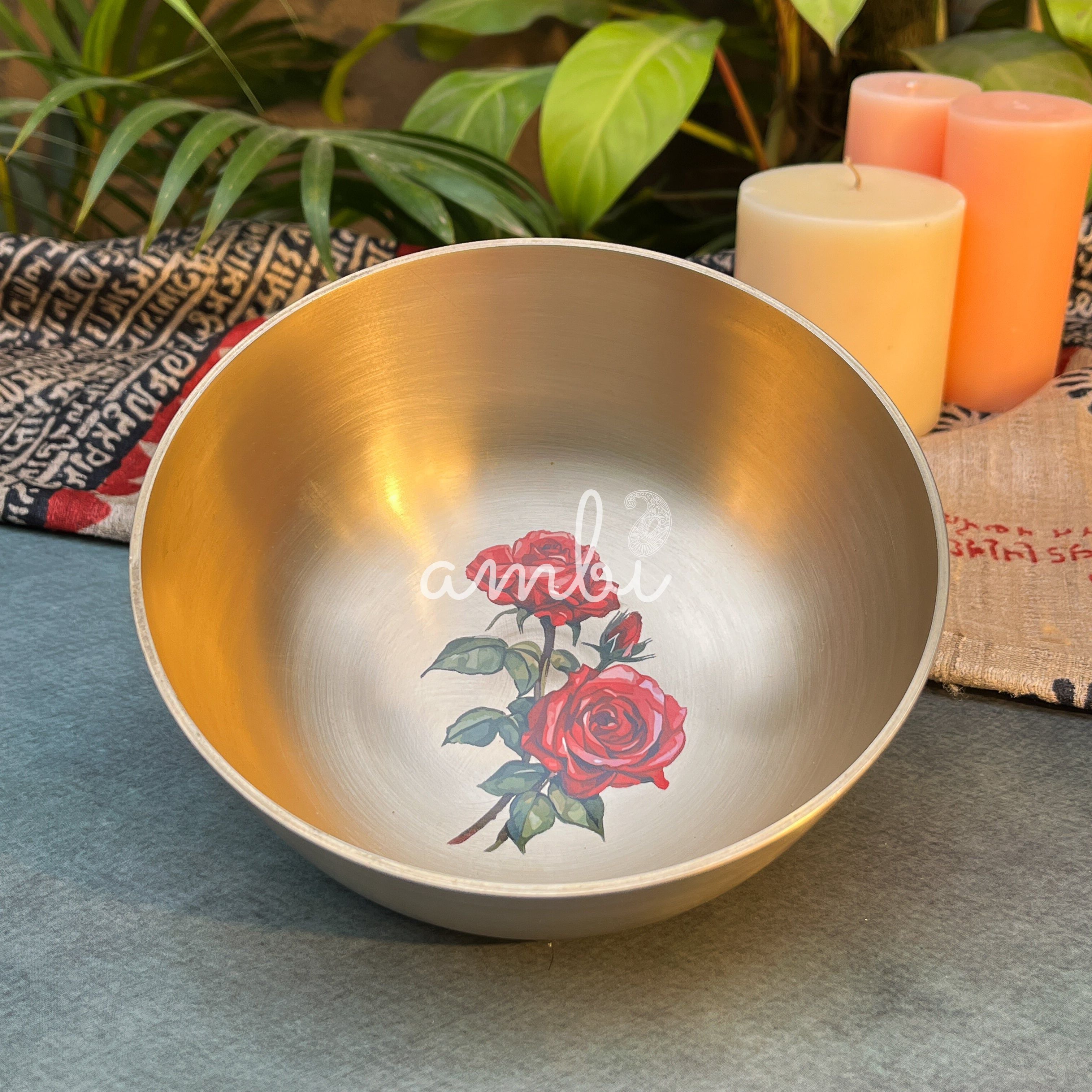 AMBI Pure 100% Lead Free Kansa Floral Hand Painted Finish Kansa Elegant Large Serving Bowl - 6.5 Inches - 930 ML